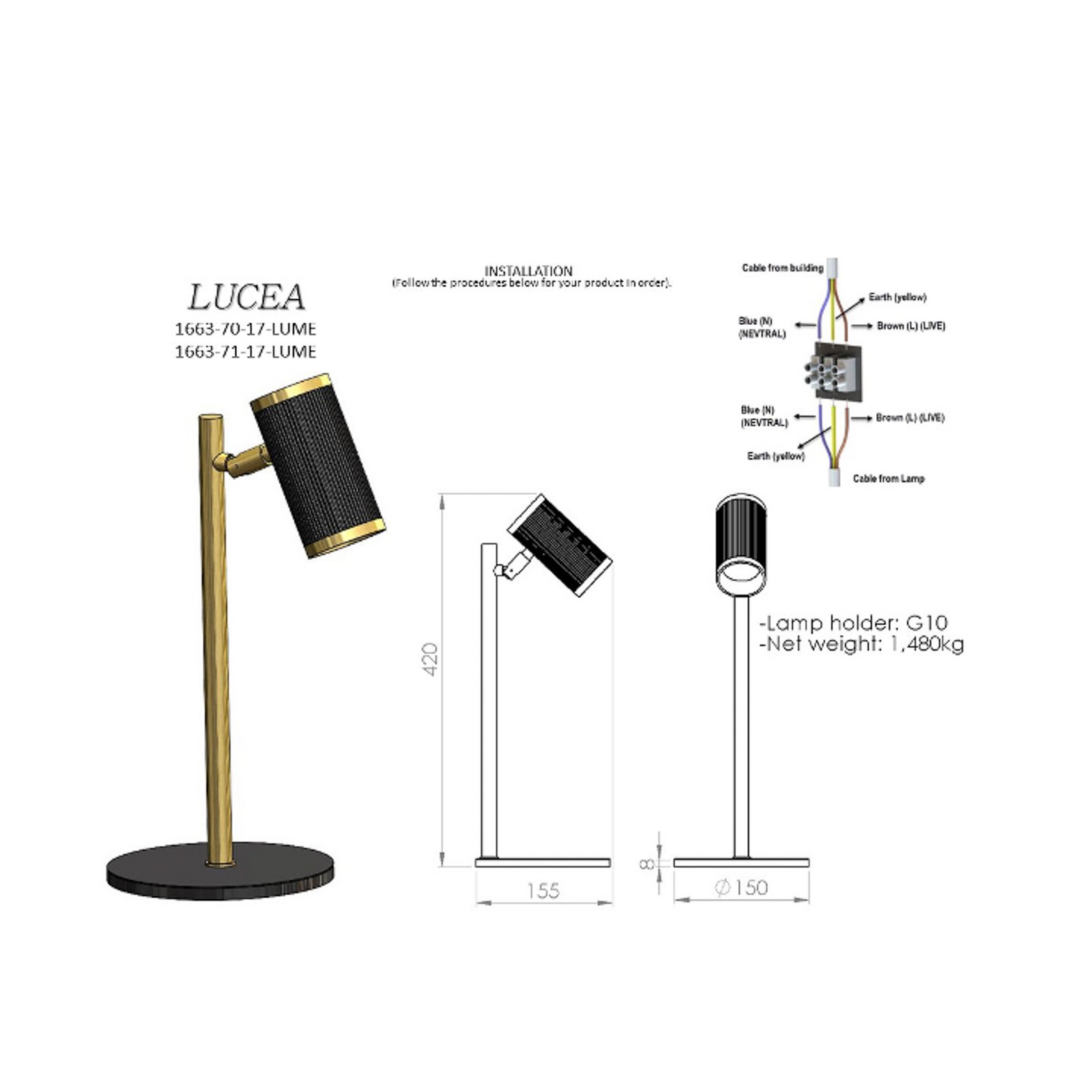 Lume pöytävalaisin, musta/kultainen antiikki, korkeus 42 cm, metallia
