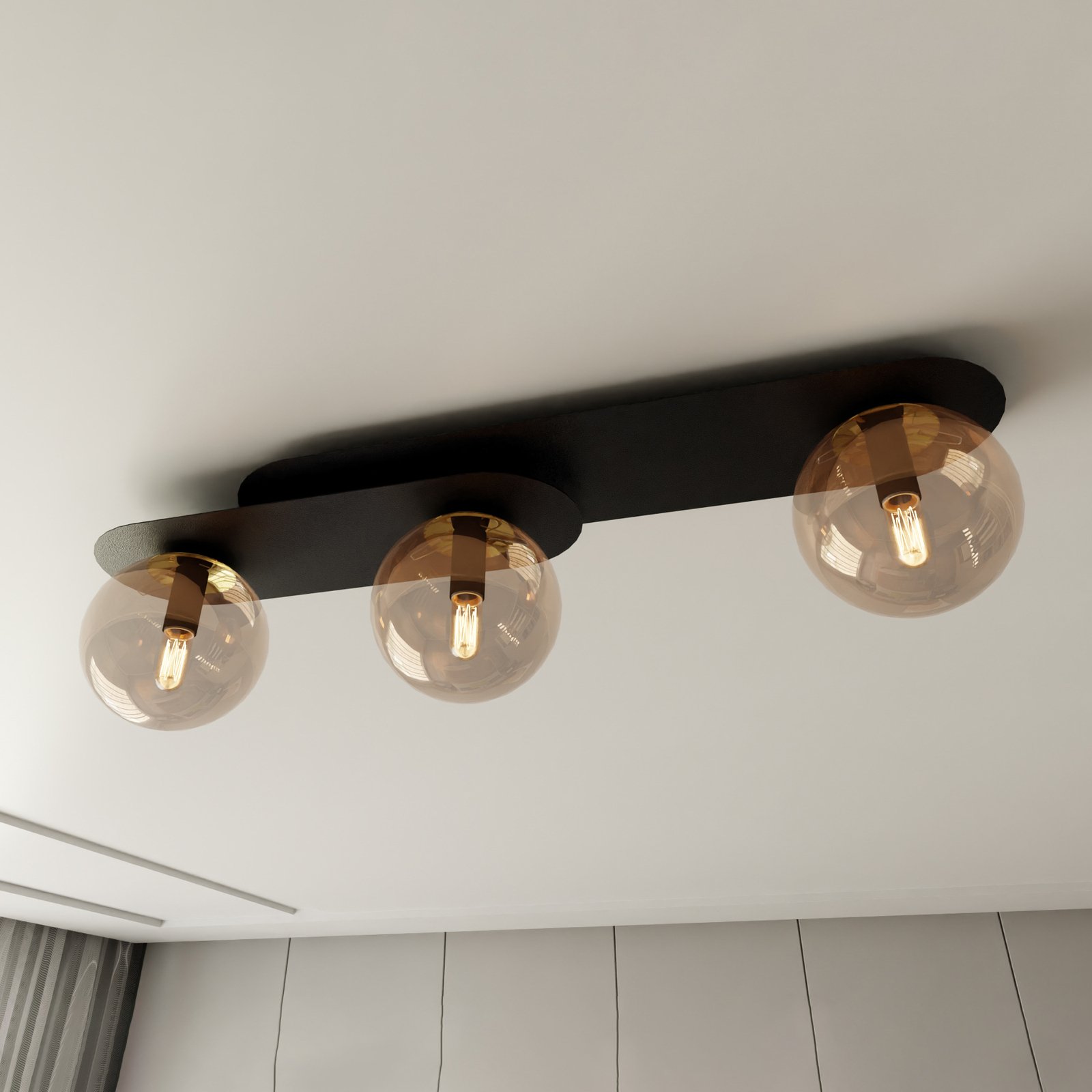 Plaza ceiling lamp, black/amber, three-bulb