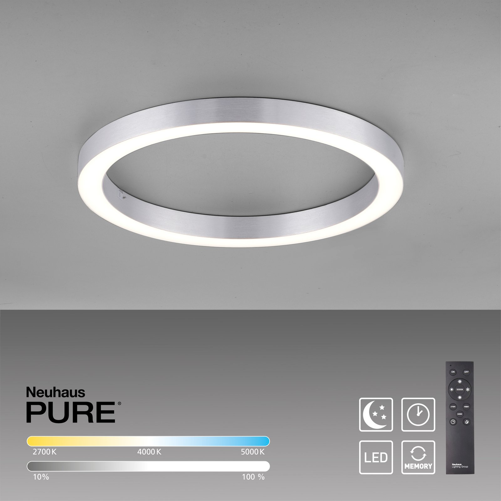 PURE Lines LED-loftslampe, rund Ø50cm sølv