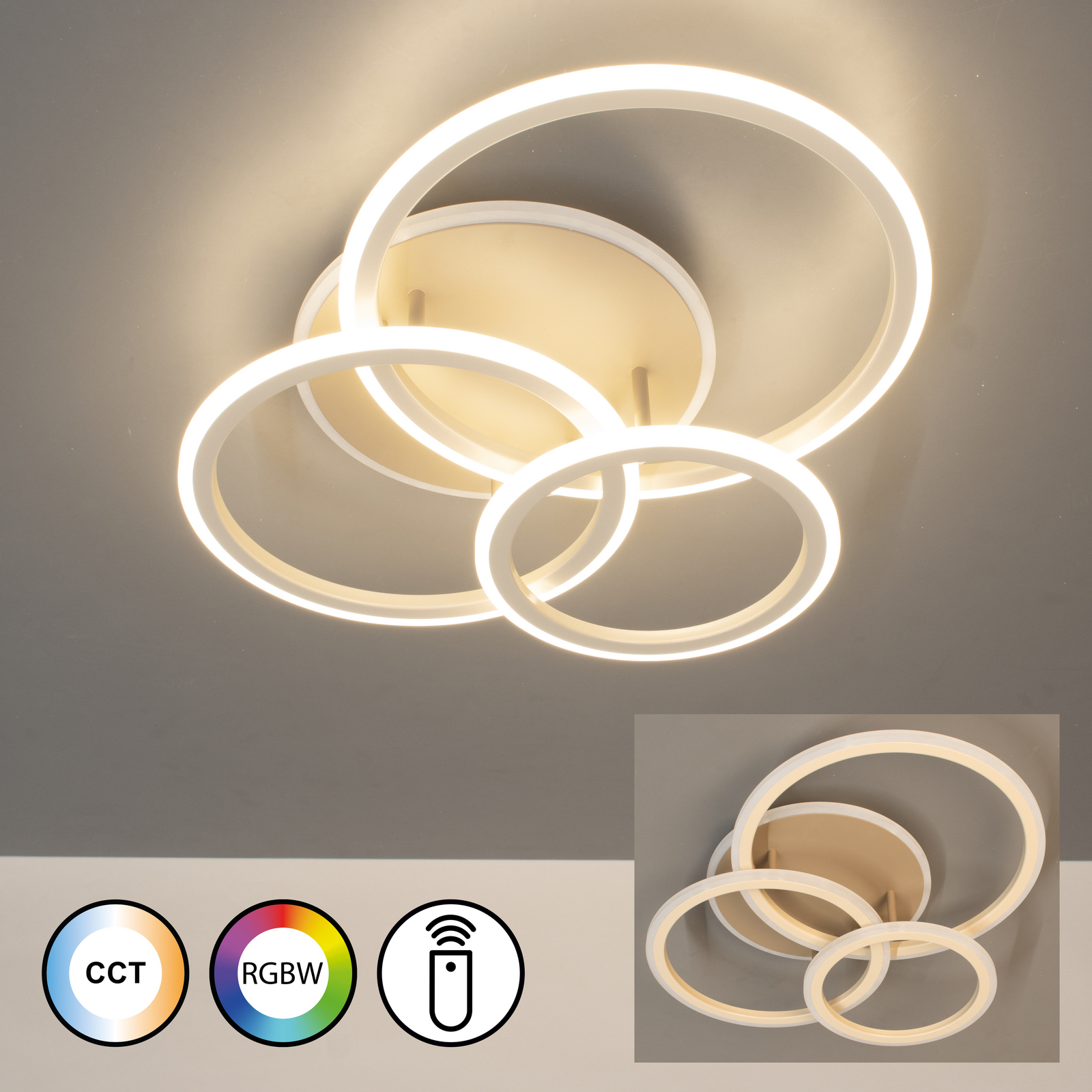 LED stropna svetilka Gelder, 60 cm, siva/peščena, RGBW, CCT