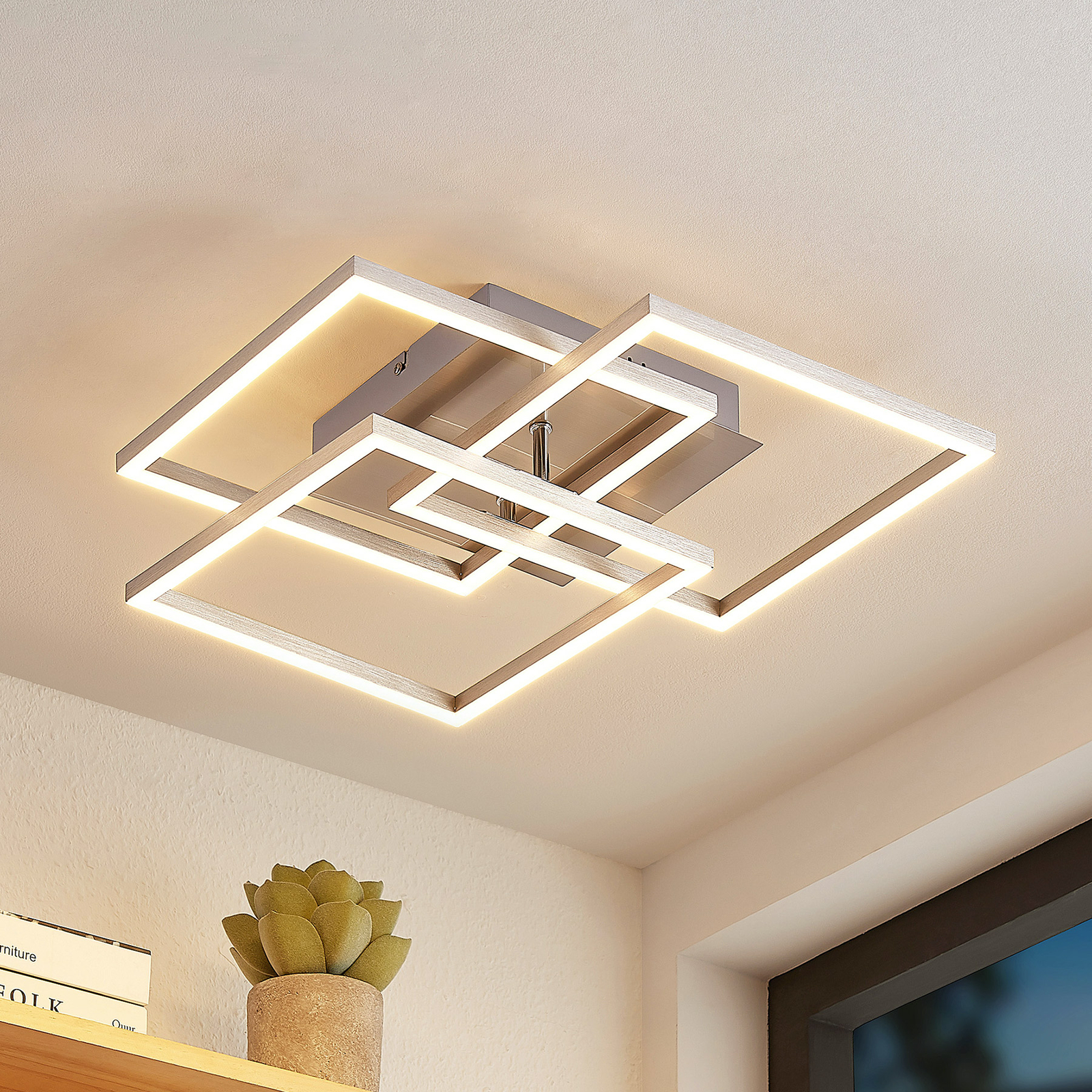 Lindby Qiana LED plafondlamp CCT, hoekig, nikkel