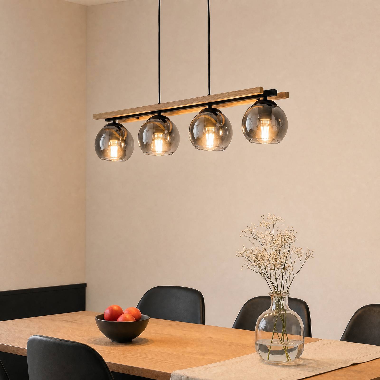 Lindby hanglamp Enrique, rookgrijs, 4-lamps, glas, E27