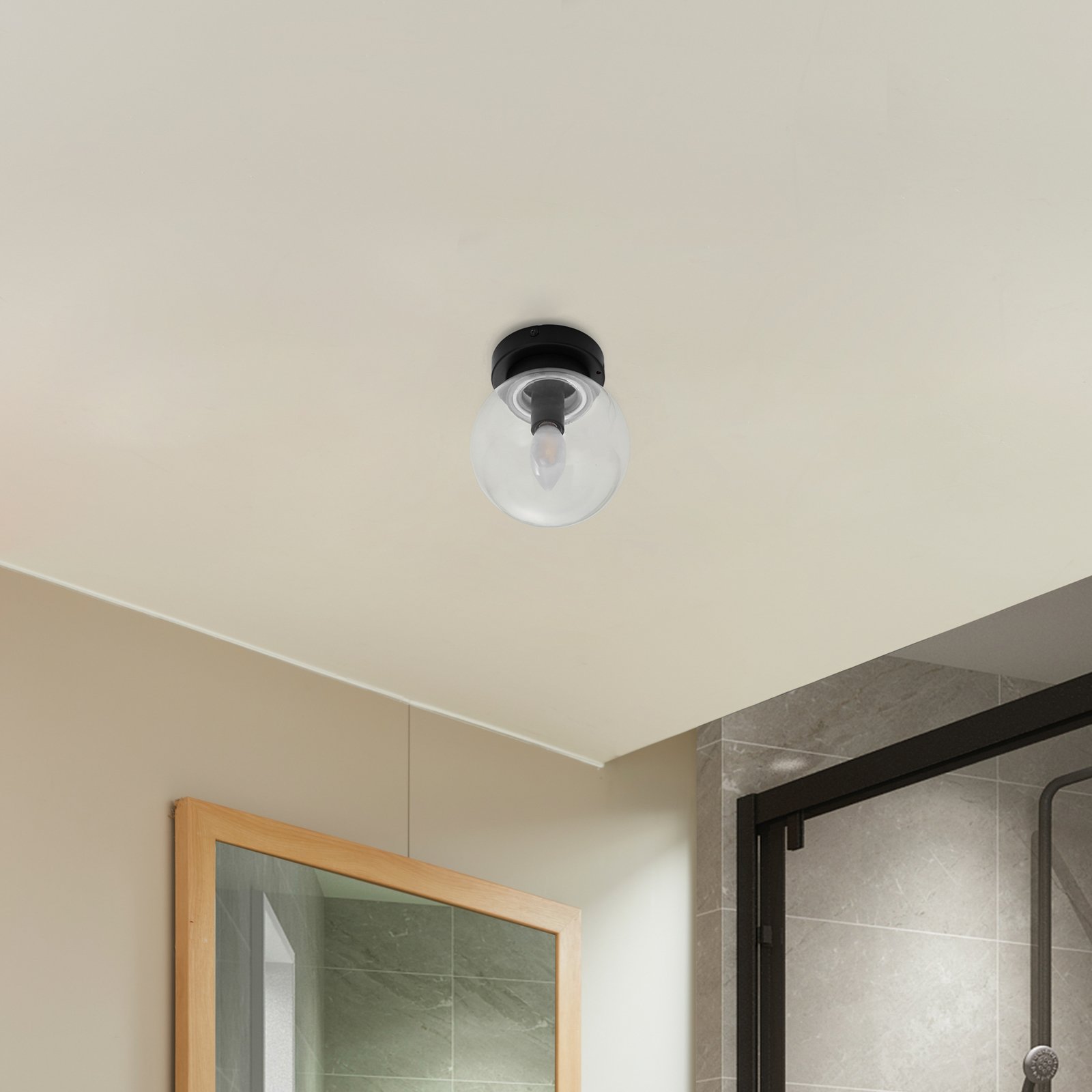 Lucande Badolo ceiling light, black, glass, Ø 15 cm, IP44