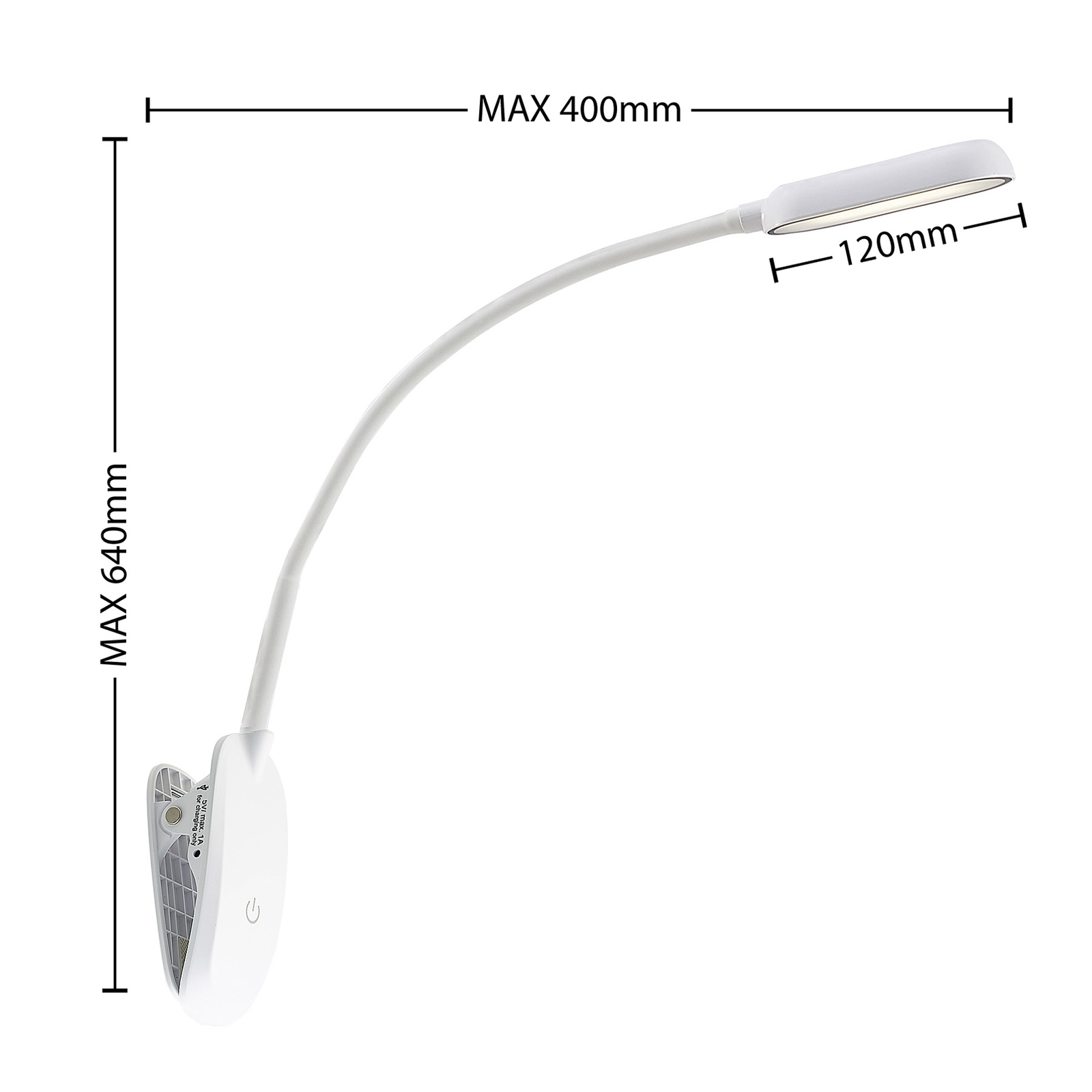 Prios LED cu clemă Najari, alb, baterie reîncărcabilă, USB, înălțime 51 cm