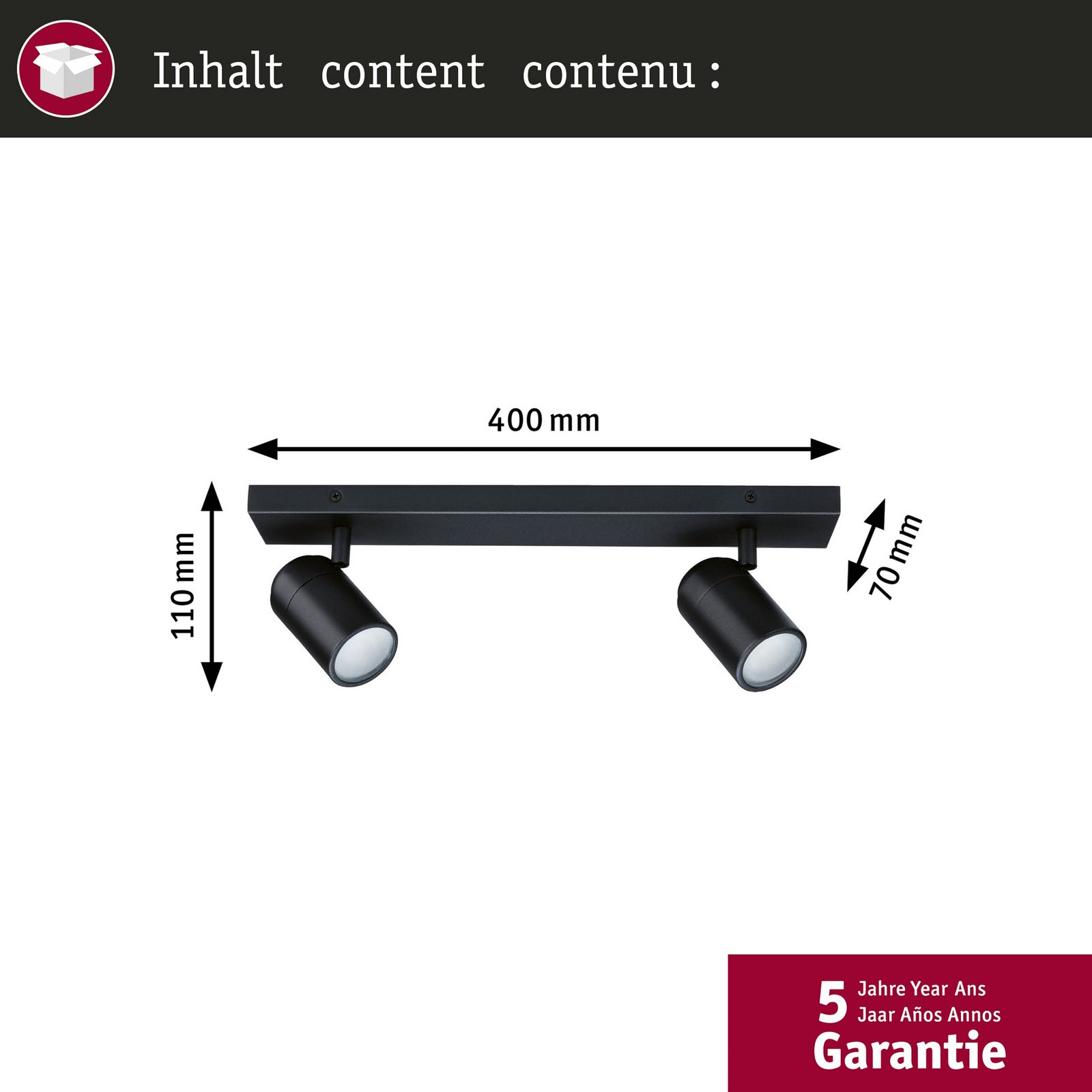 Paulmann downlight Zyli svart lengde 40 cm 2 lyskilder. IP44
