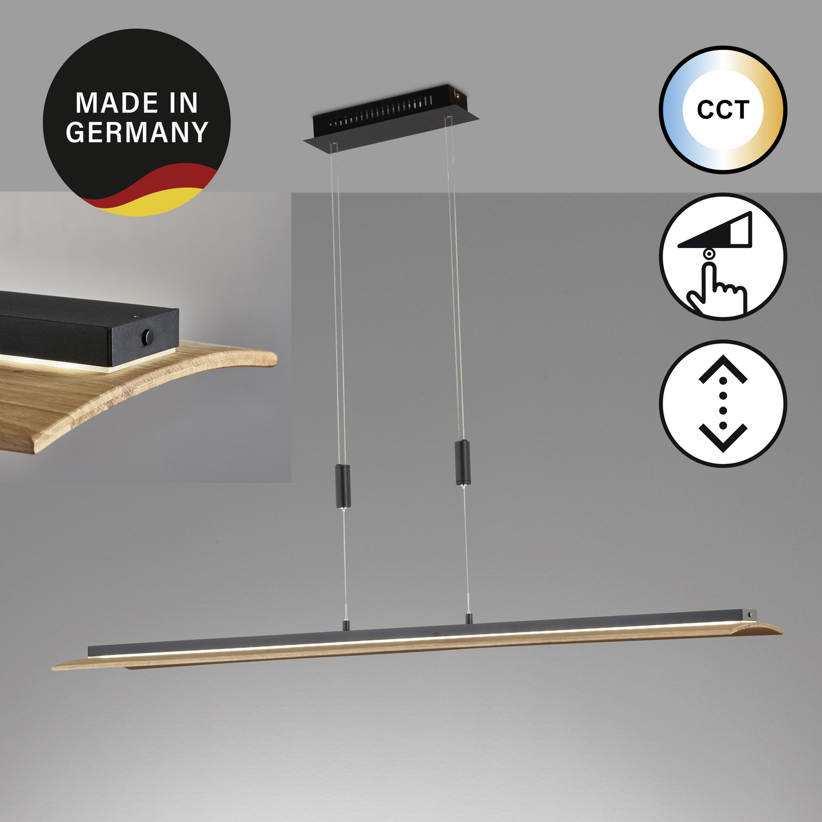 LED-Hängeleuchte Shine-Wood, Eichenholz/schwarz, 125 cm, CCT