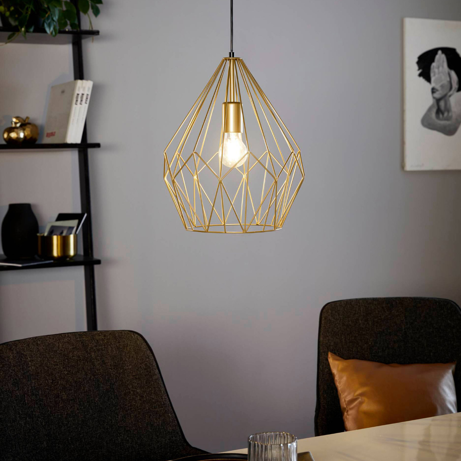 Hanglamp Carlton met kooikap, goud Ø 31cm