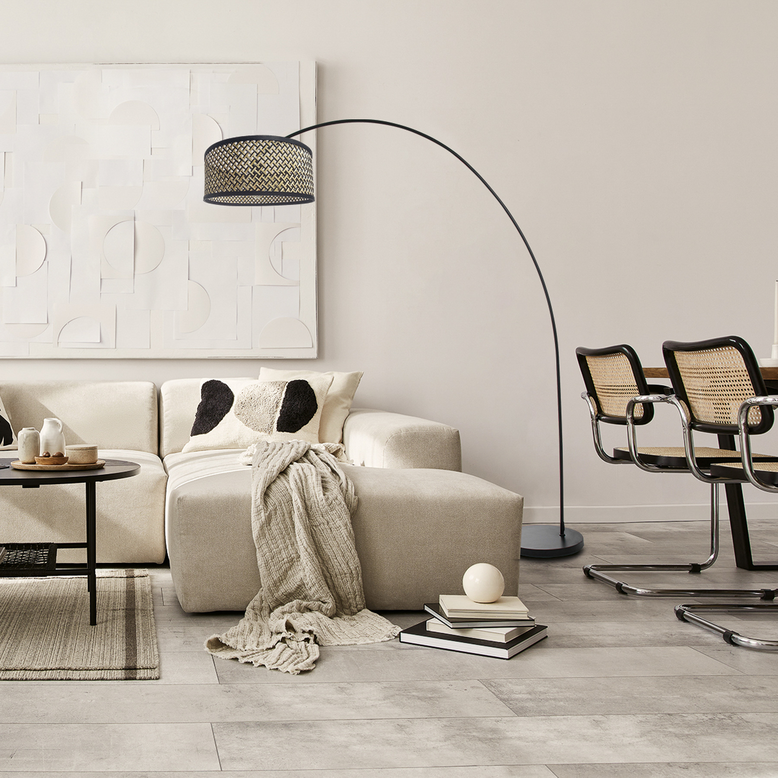 Ív világítás Solva, fekete, fonott lámpaernyő fekete/fa