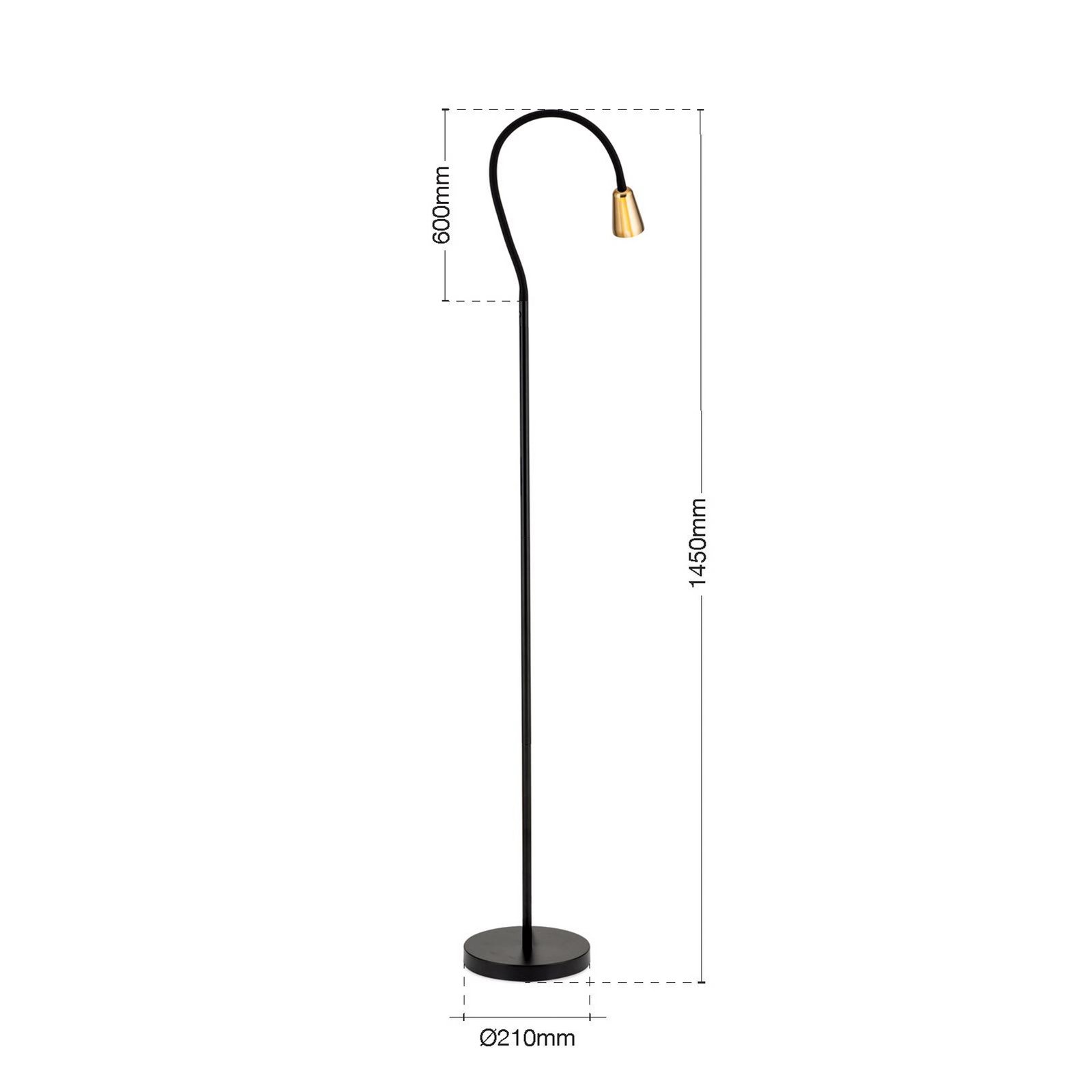 Candeeiro de pé Dotty, cor latão, altura 145 cm, braço flexível, GU10
