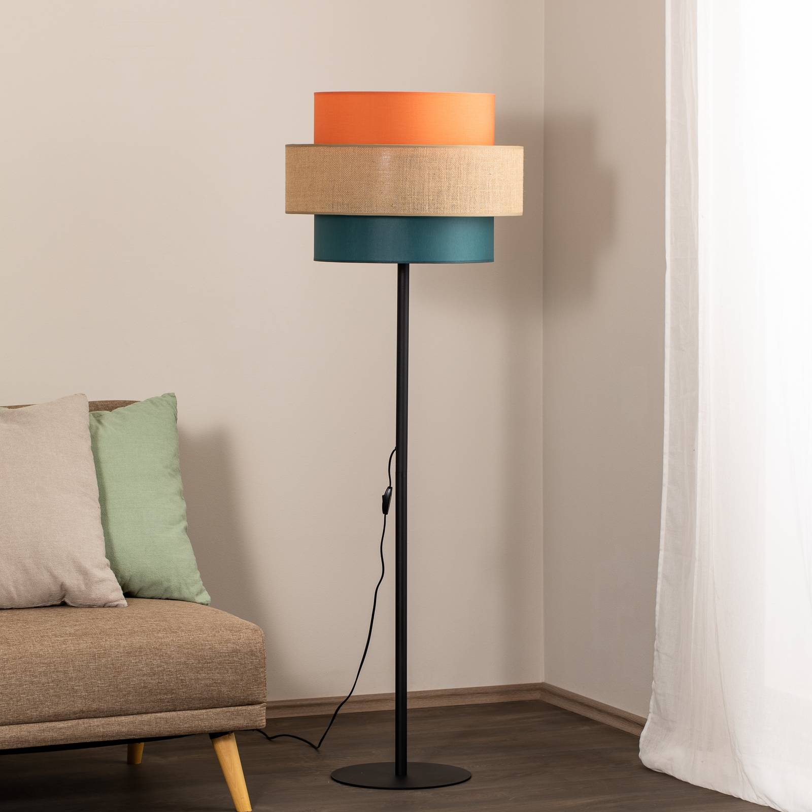Lampa stojąca Trio, klosz z juty, pomarańczowy/naturalny brąz/petrol