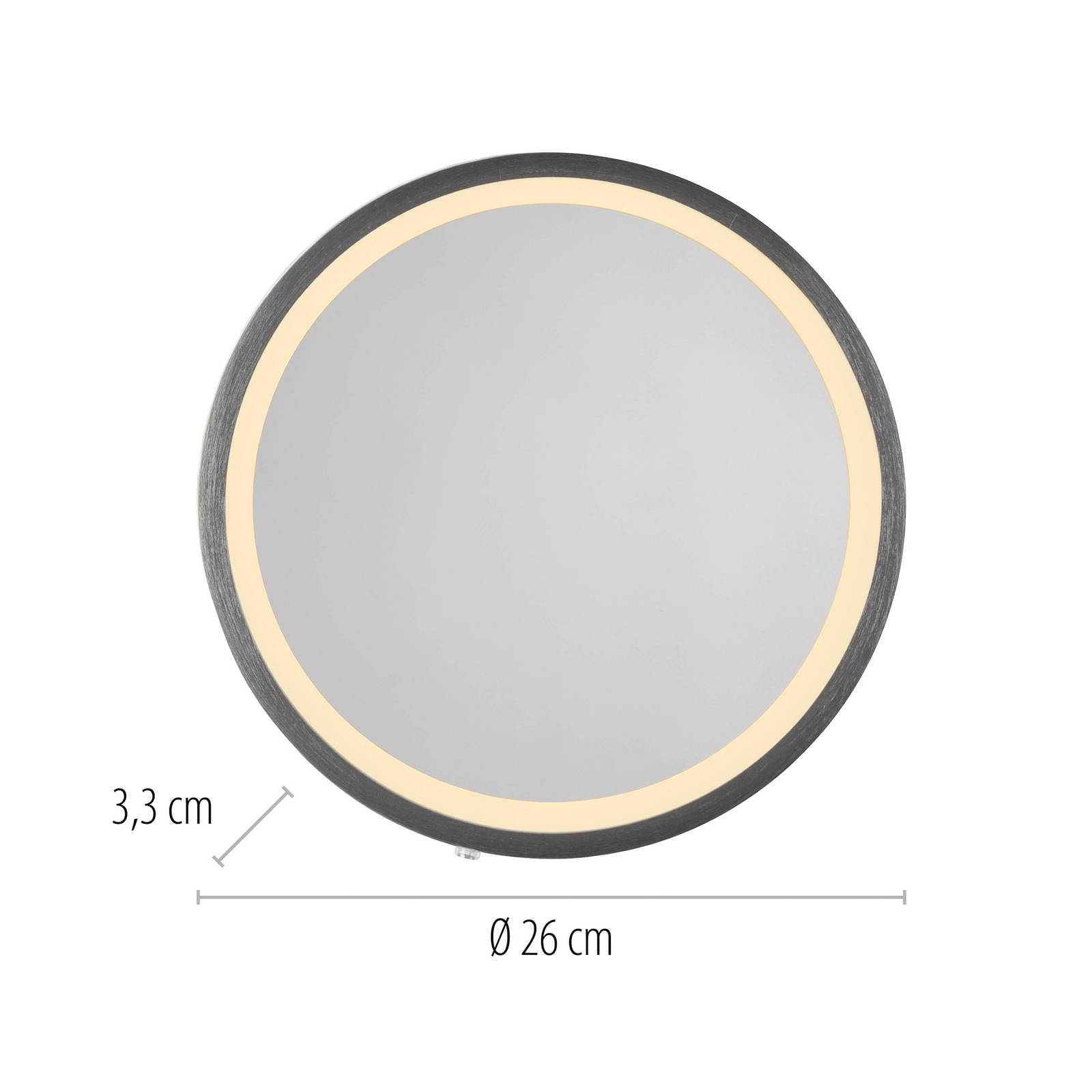 Lustro ścienne LED VIDRO, szare, Ø 26 cm, powerbank, przełącznik