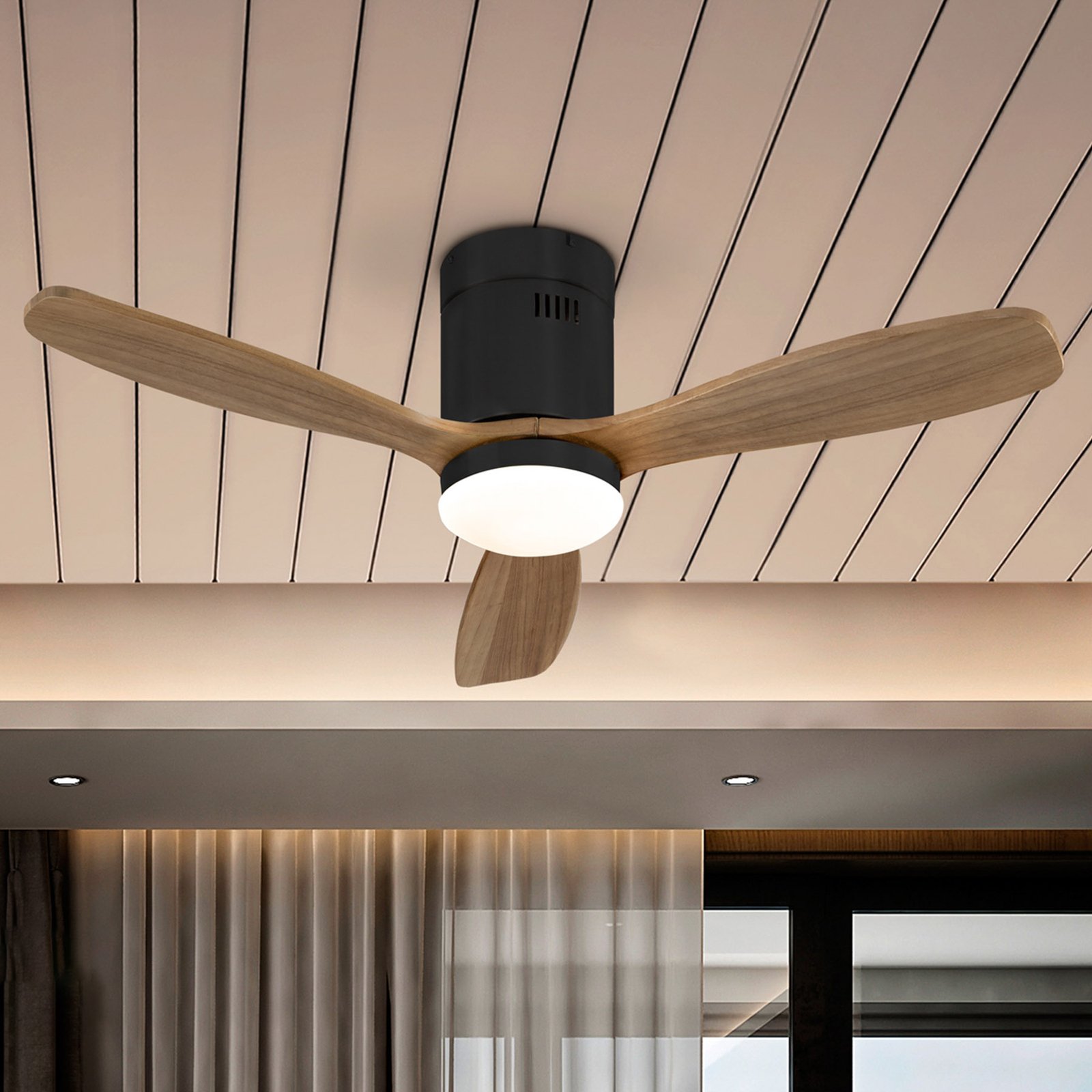 Ventilateur de plafond LED Siroco Mini, DC, silencieux, noir/noix