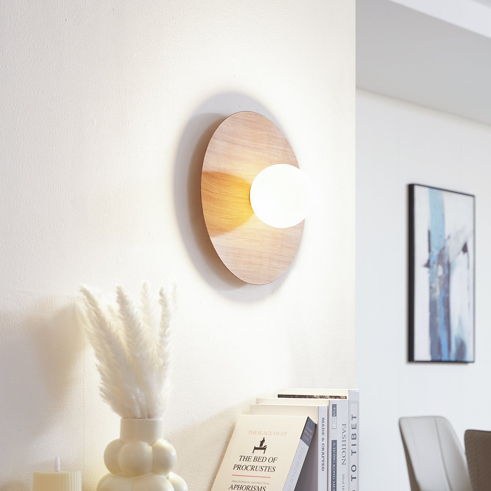 Lindby wall light Zain, wood colour/white, glass, Ø 33 cm, G9