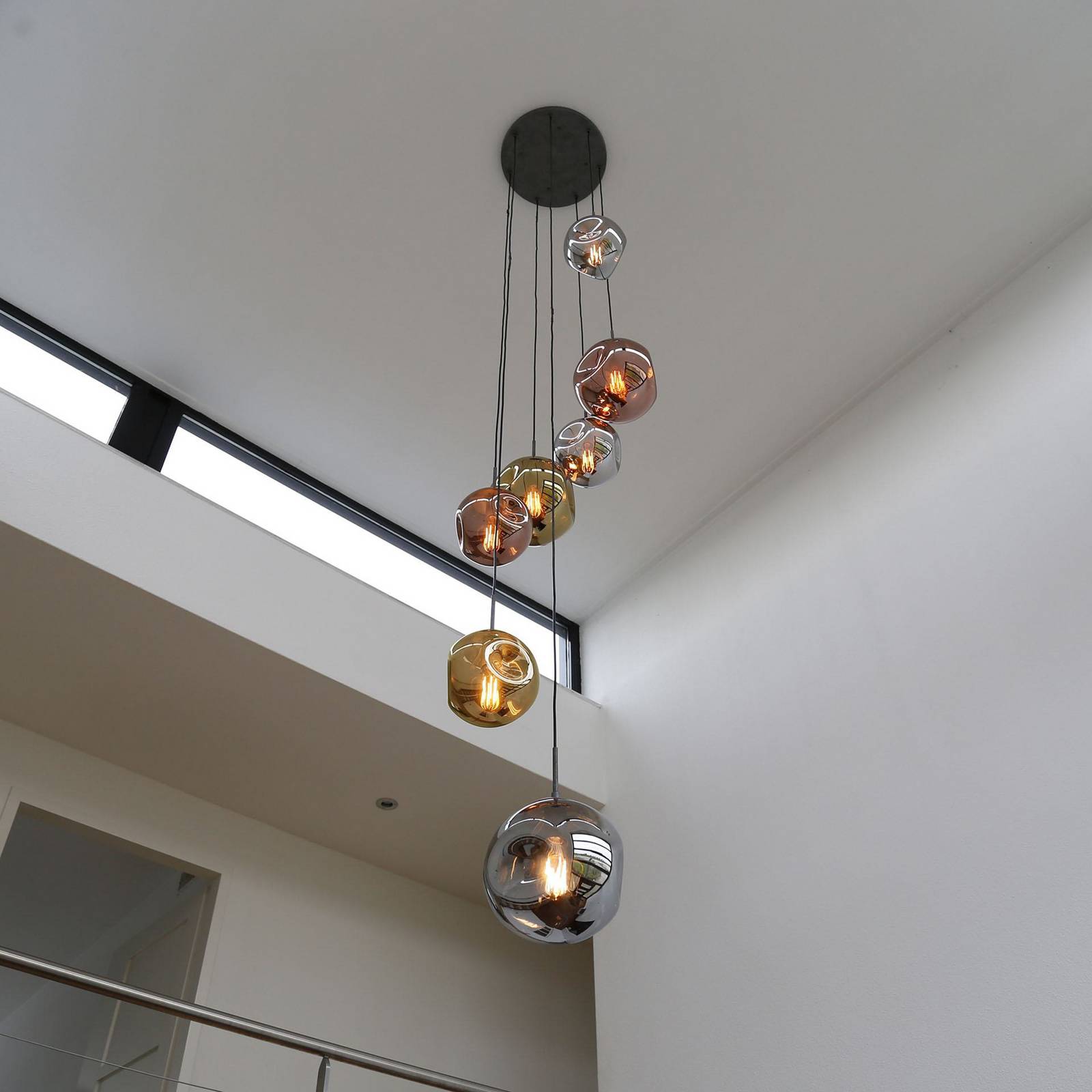 Lampa wisząca Stellar 7-punktowa okrągła, antyczne srebro, wielokolorowe szkło