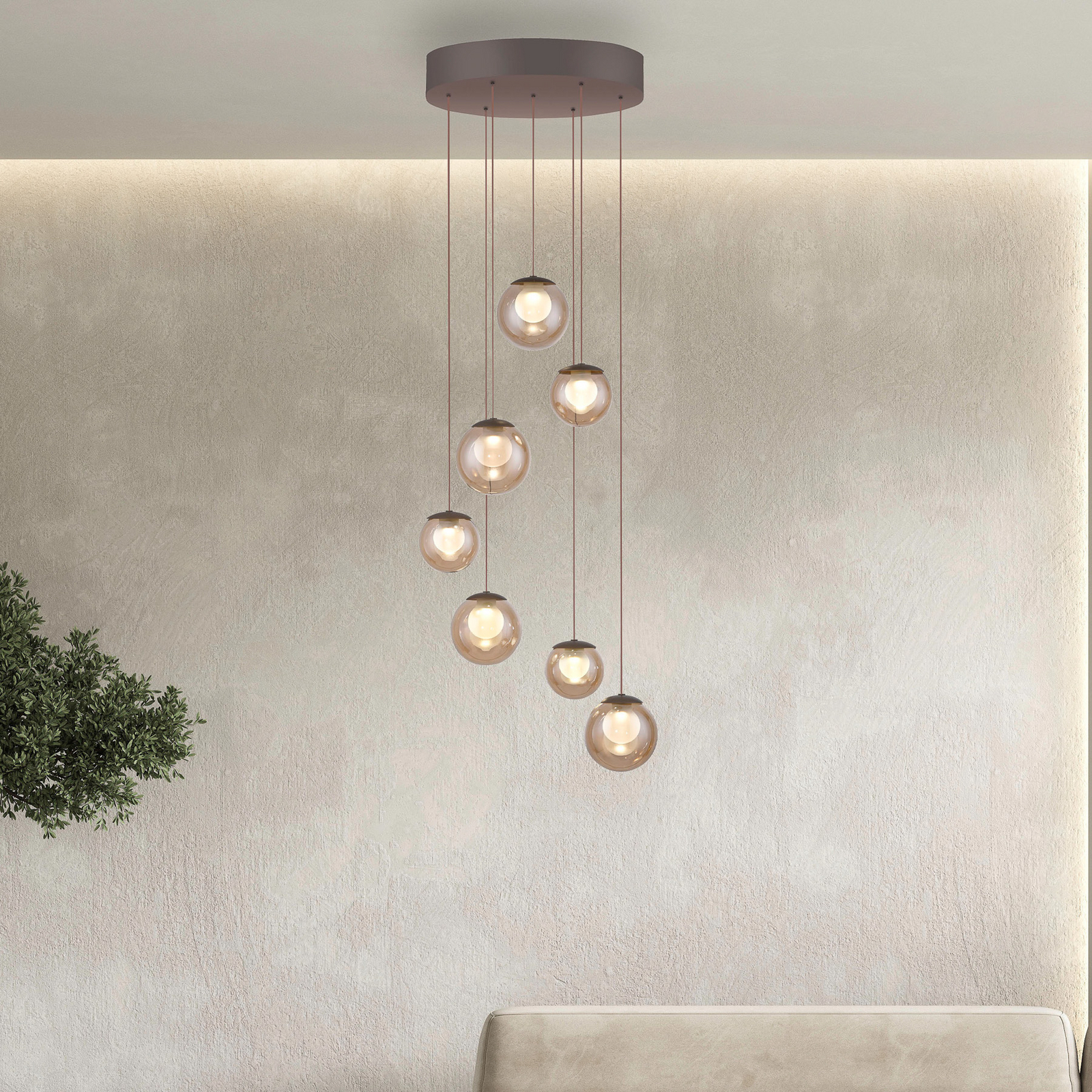 PURE LED-Hängelampe Popup, bronze/amber Ø 40 cm, 7-flg.