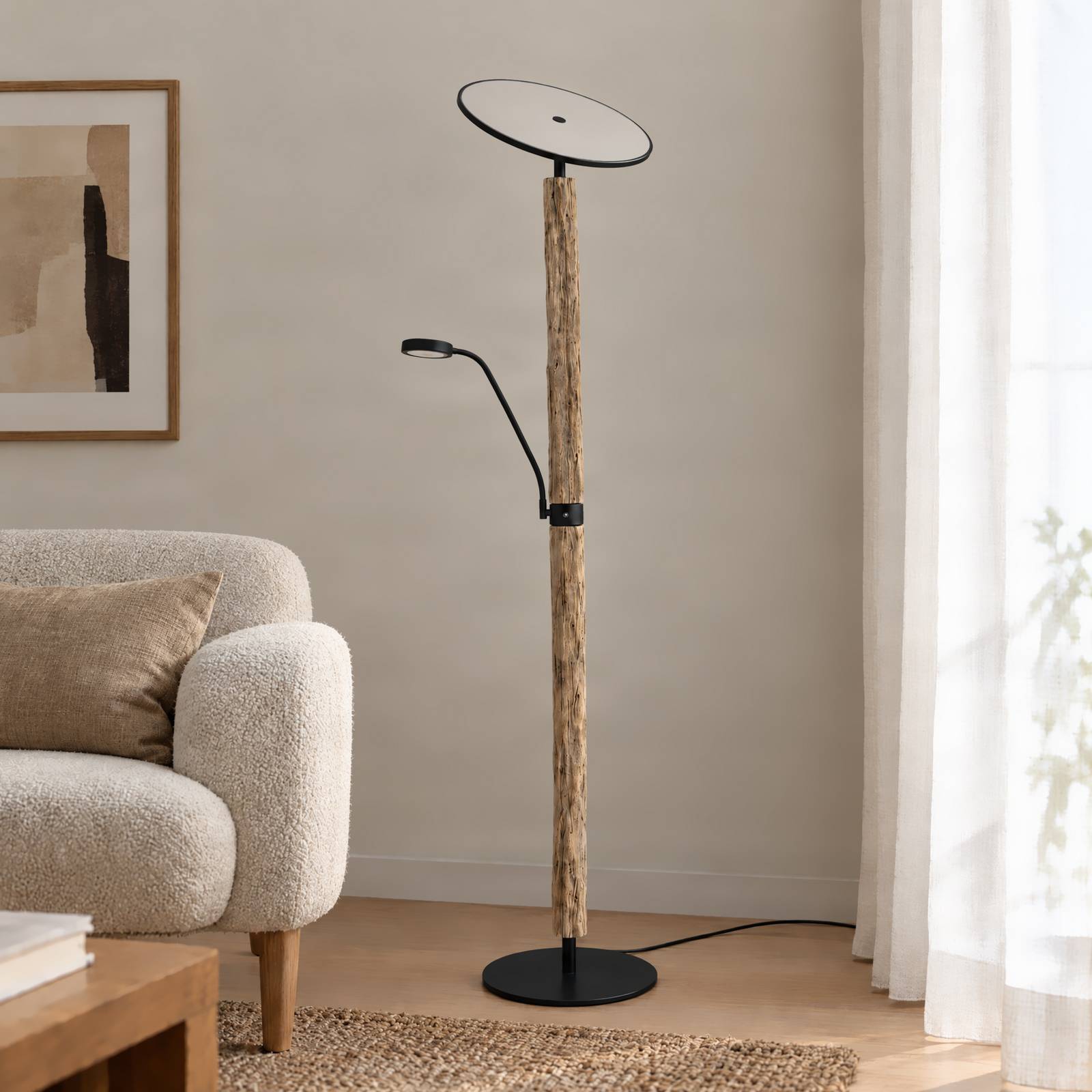Lucande LED vloerlamp Woodland, 180 cm, hout, leeslampje