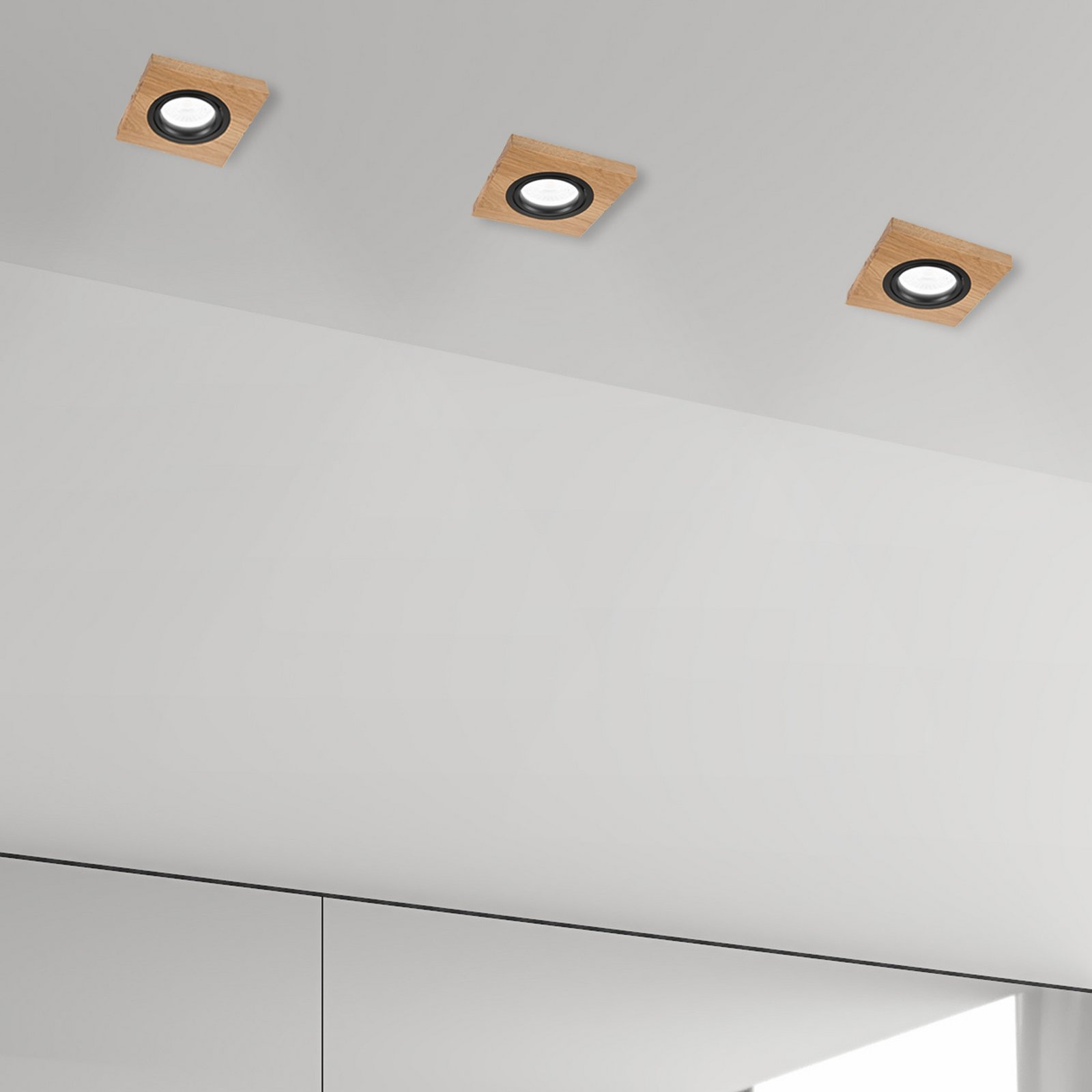 Tobby recessed ceiling light, 10 x 10 cm, set of 3, oak wood, GU10