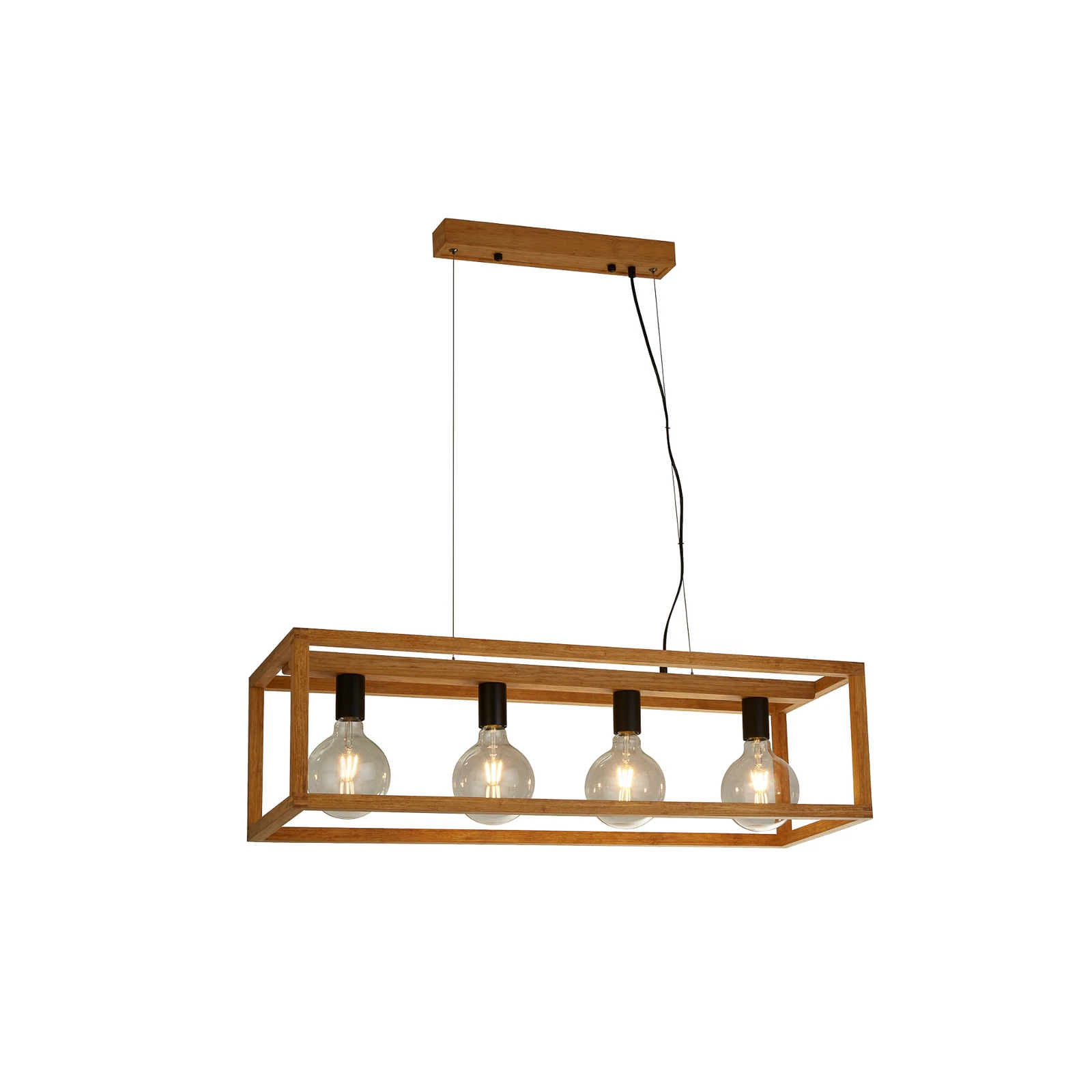 Négyzet alakú függőlámpa, 4 lámpás, 90 cm hosszú, bambusz, E27