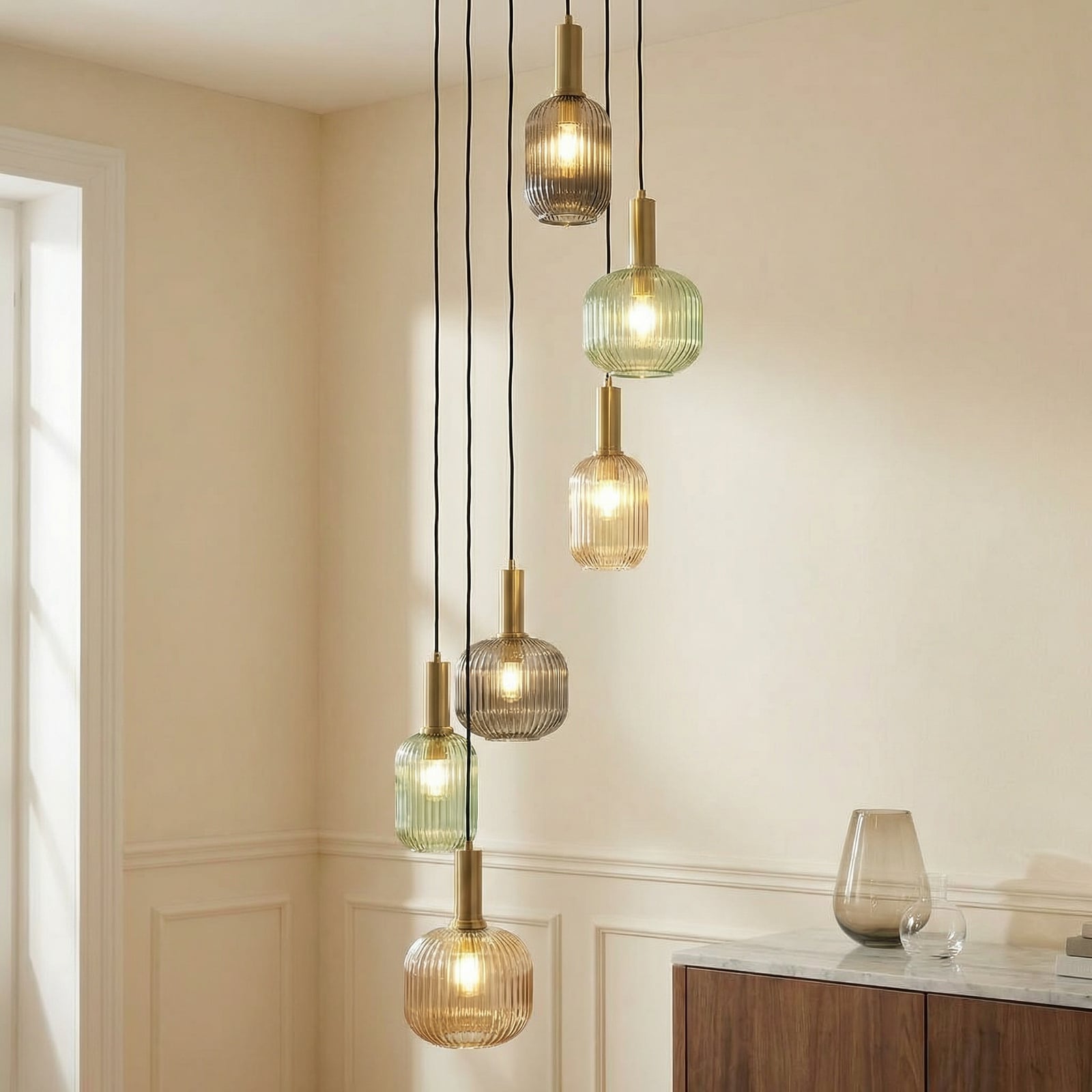 Lindby Hängeleuchte Doroteo, 6-flg., grün/amber/grau, Glas