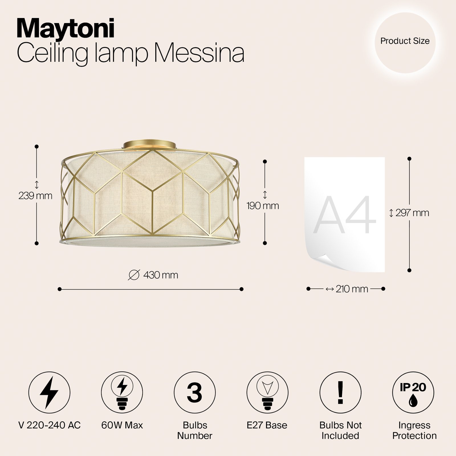 Maytoni taklampa Messina, Ø 43 cm, beige, linne