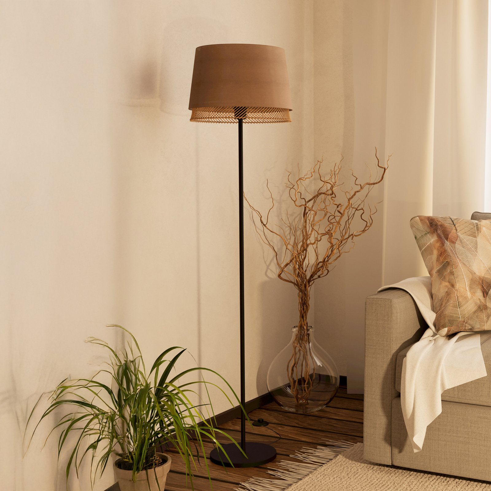 Tabley vloerlamp, zwart/naturel, hoogte 153 cm, stof