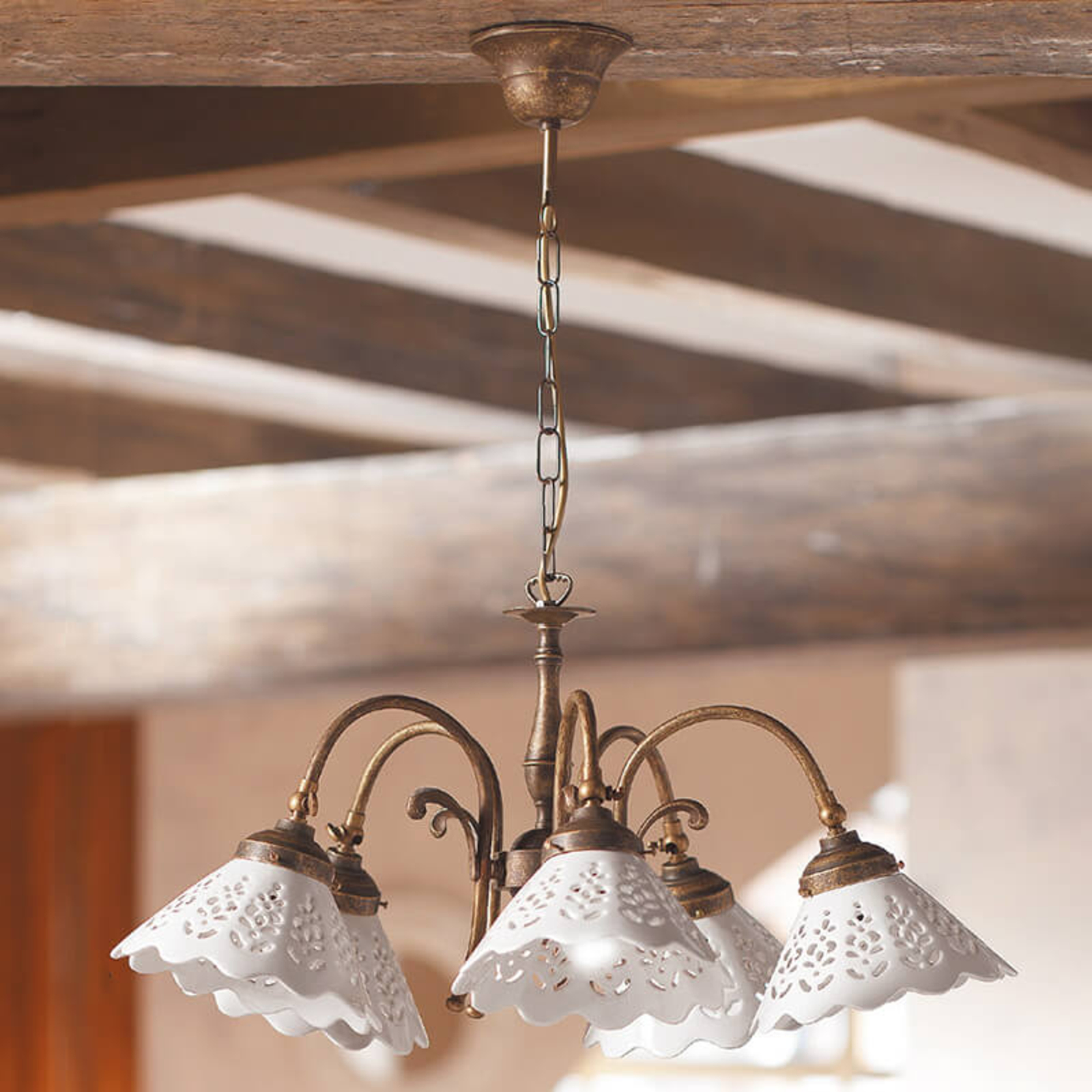 Semino hanging light, ceramic lampshades, 5-bulb