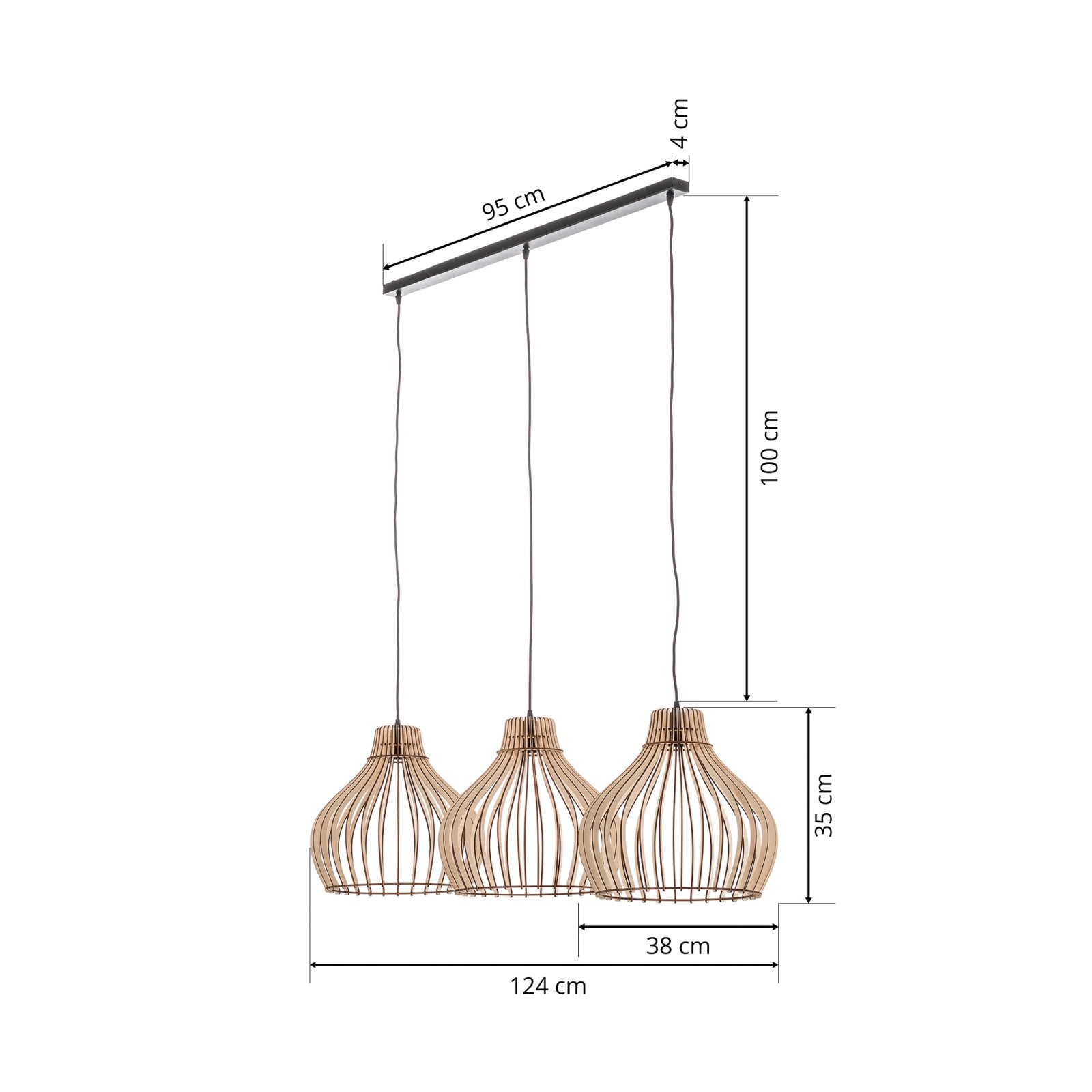 Barrel hanging light wood lampshades 3-bulb long