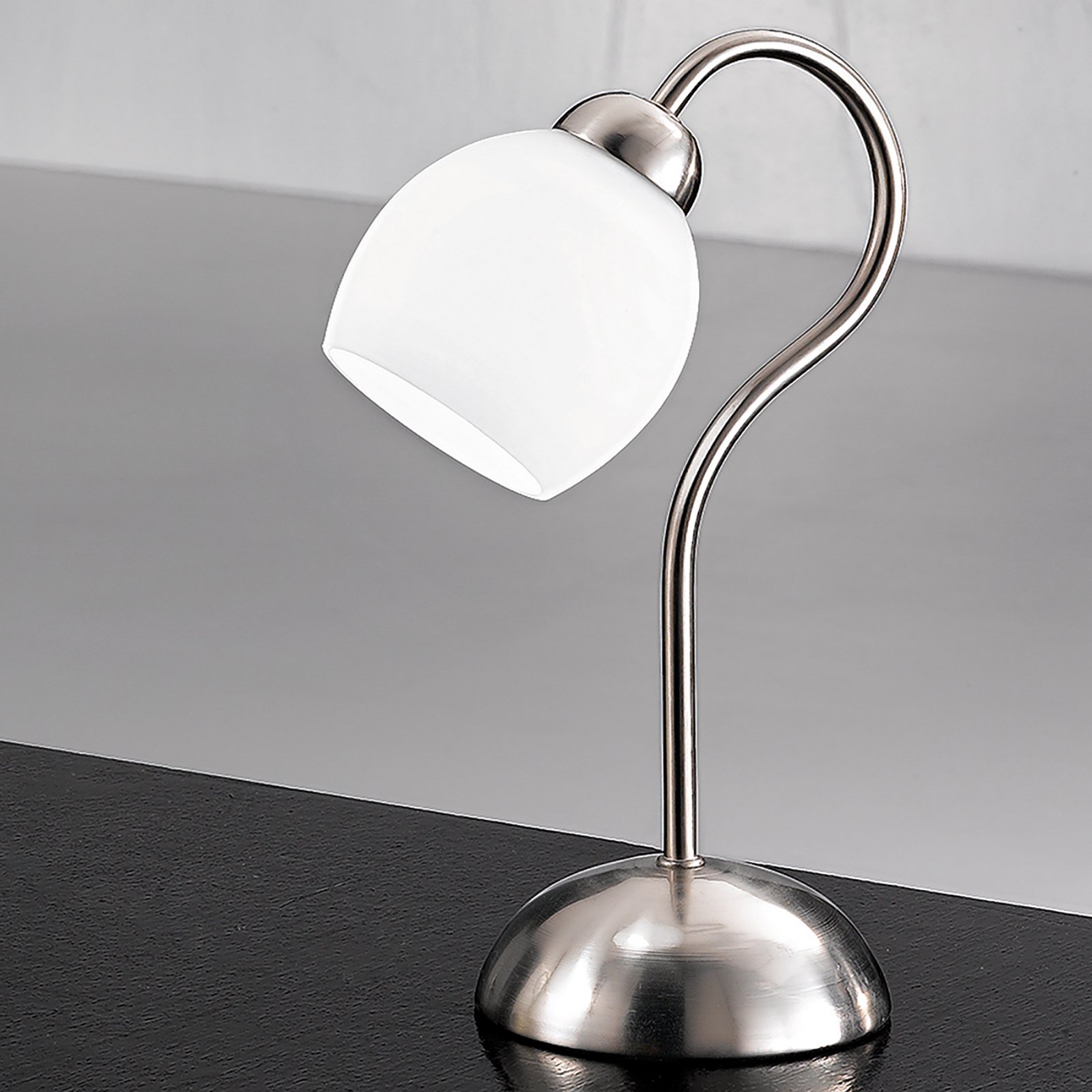 Lampe à poser Doma, nickel satiné, hauteur 30 cm, verre