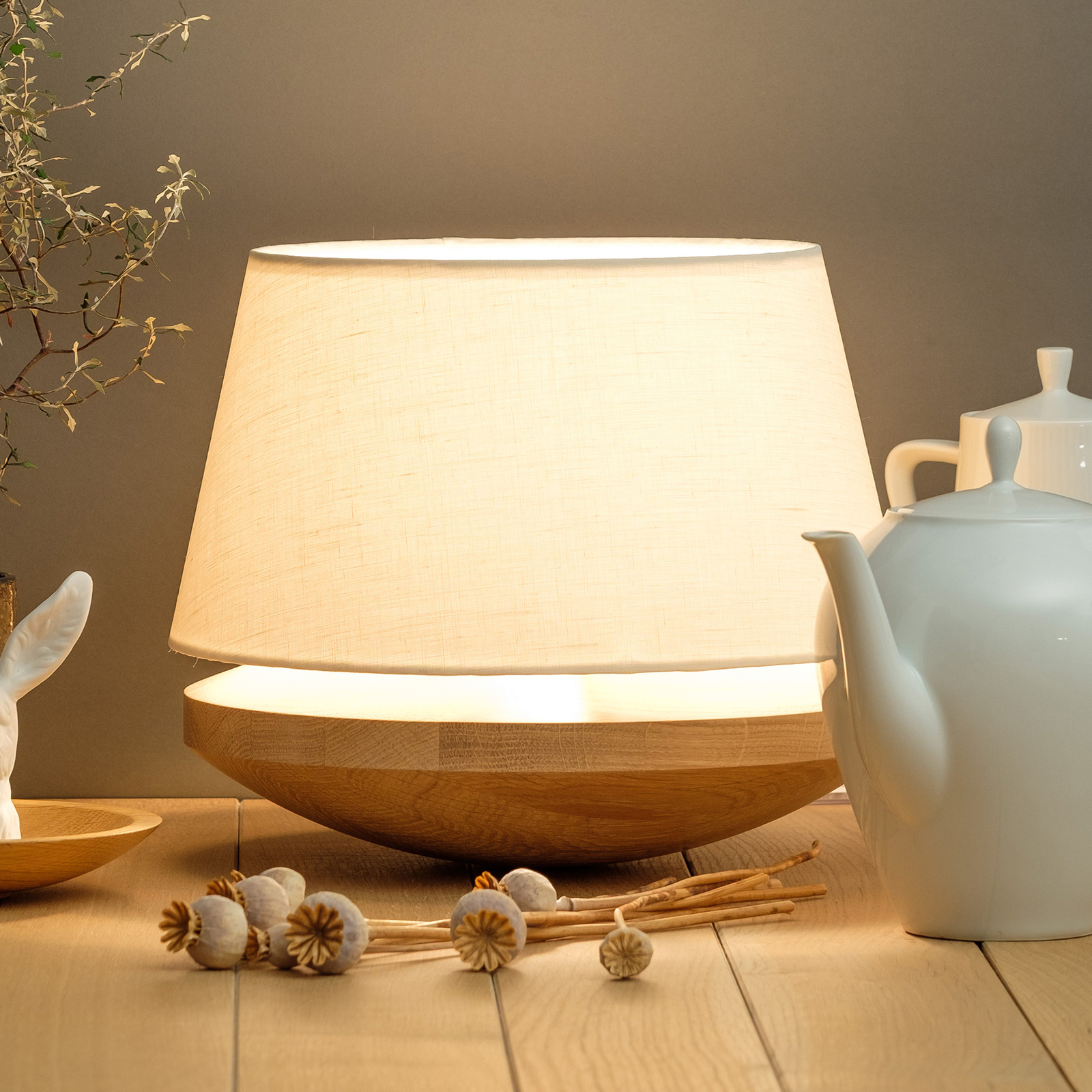 KJELL - lampa stołowa z lnianym abażurem, kremowa