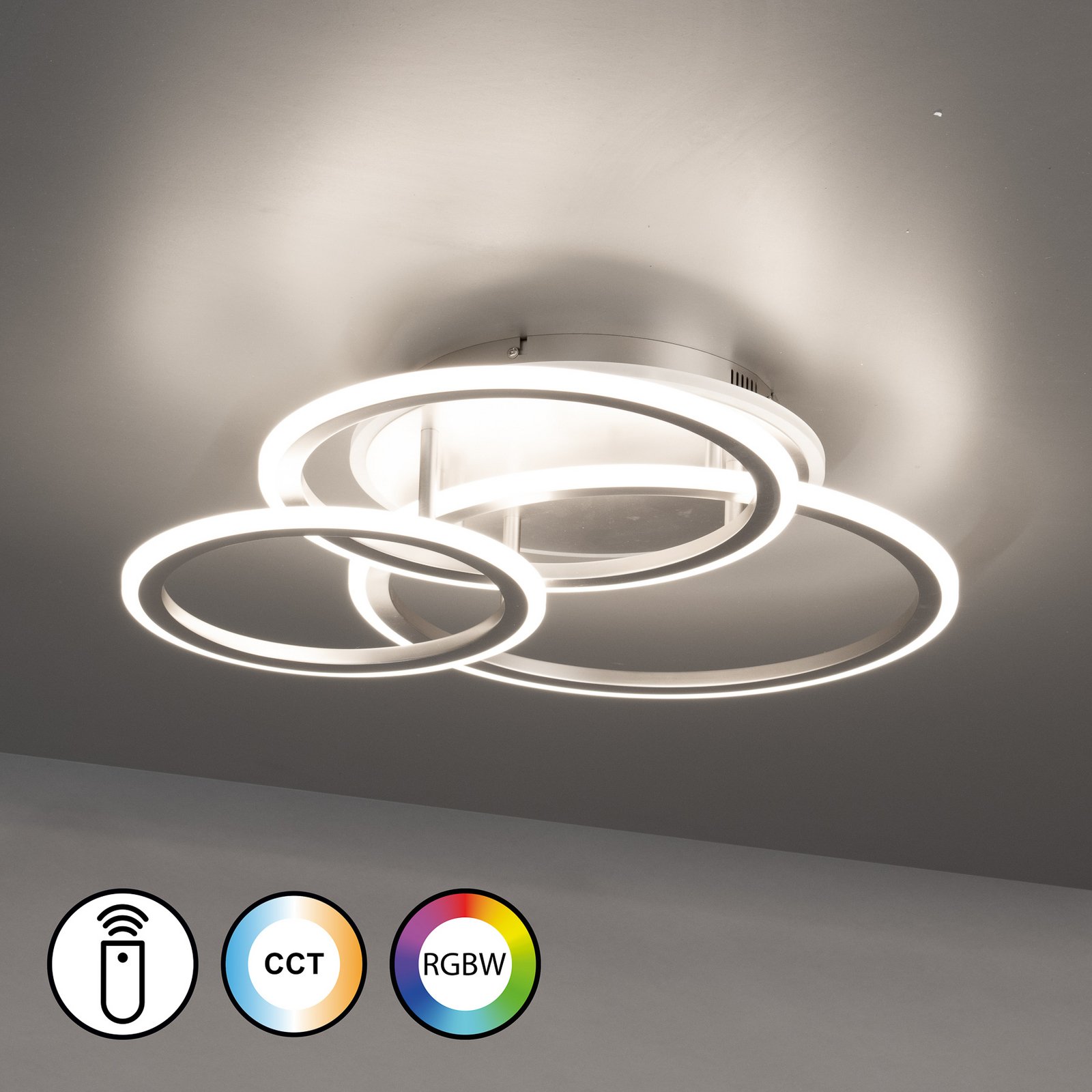 Lámpara LED de techo GELDER, níquel, 60 x 51 cm, control remoto RGBW