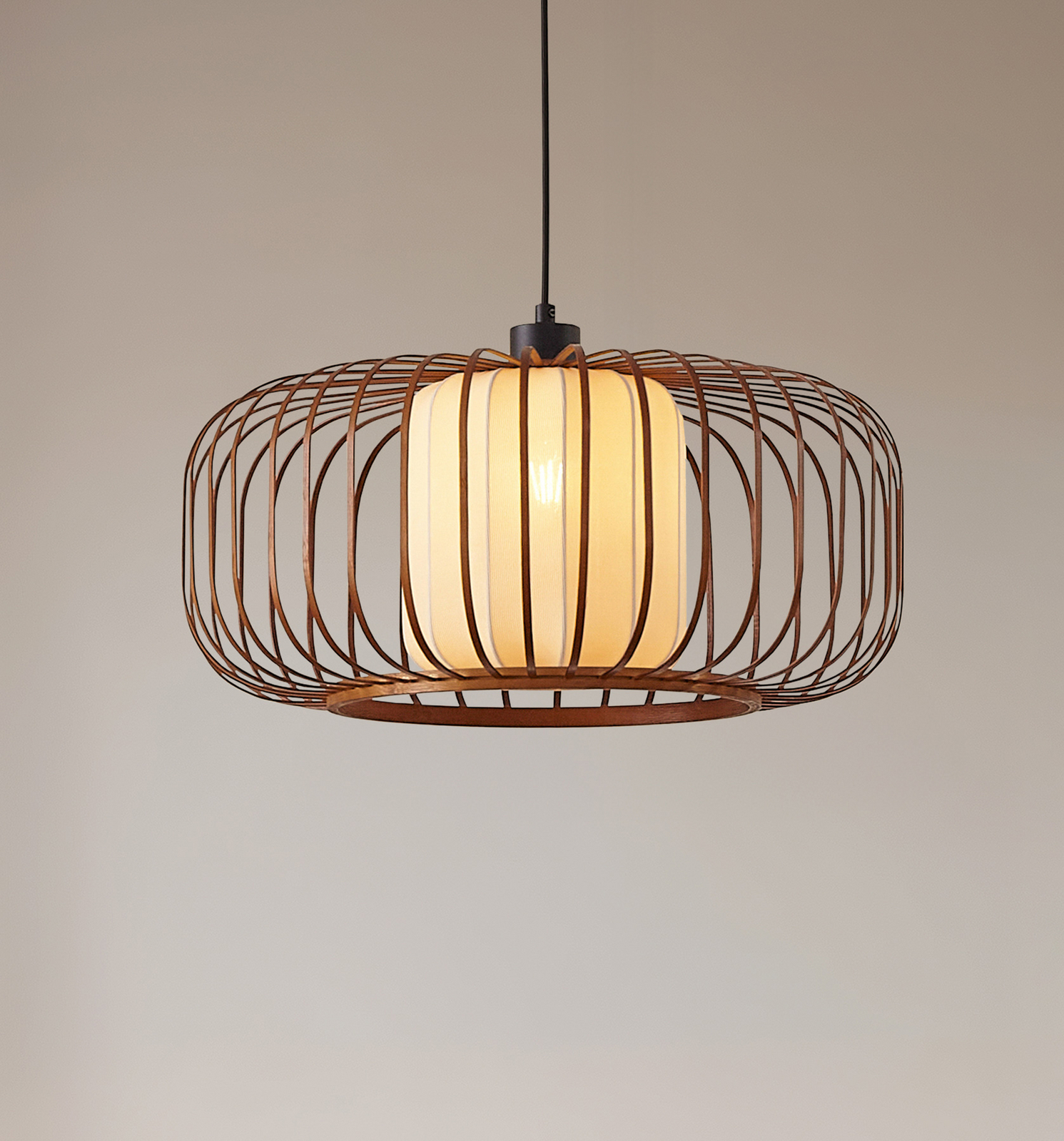 Lindby Lámpara colgante Davella, Ø 50 cm, bambú, textil