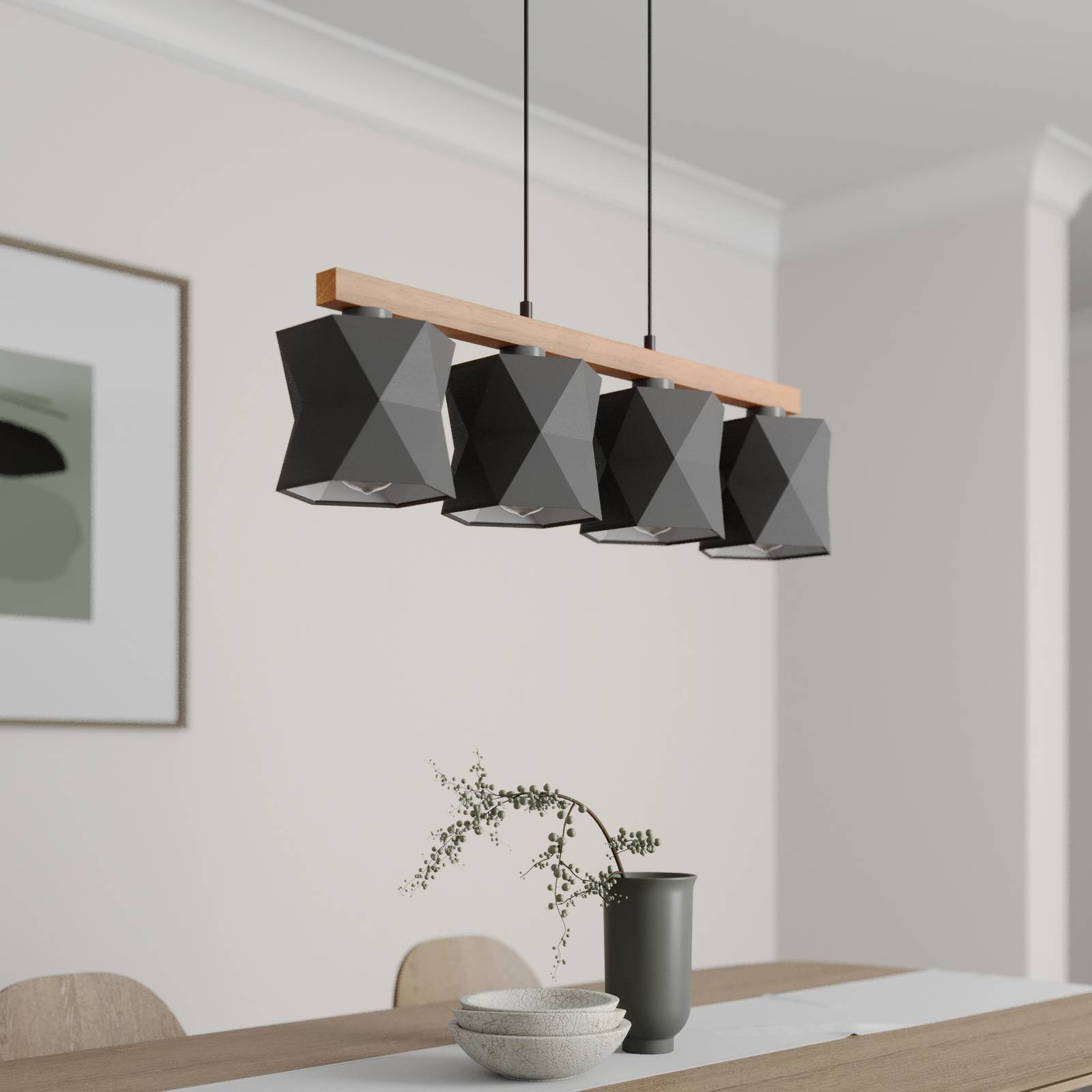 TK Lighting Suspension Fano bois et tissu à quatre lampes