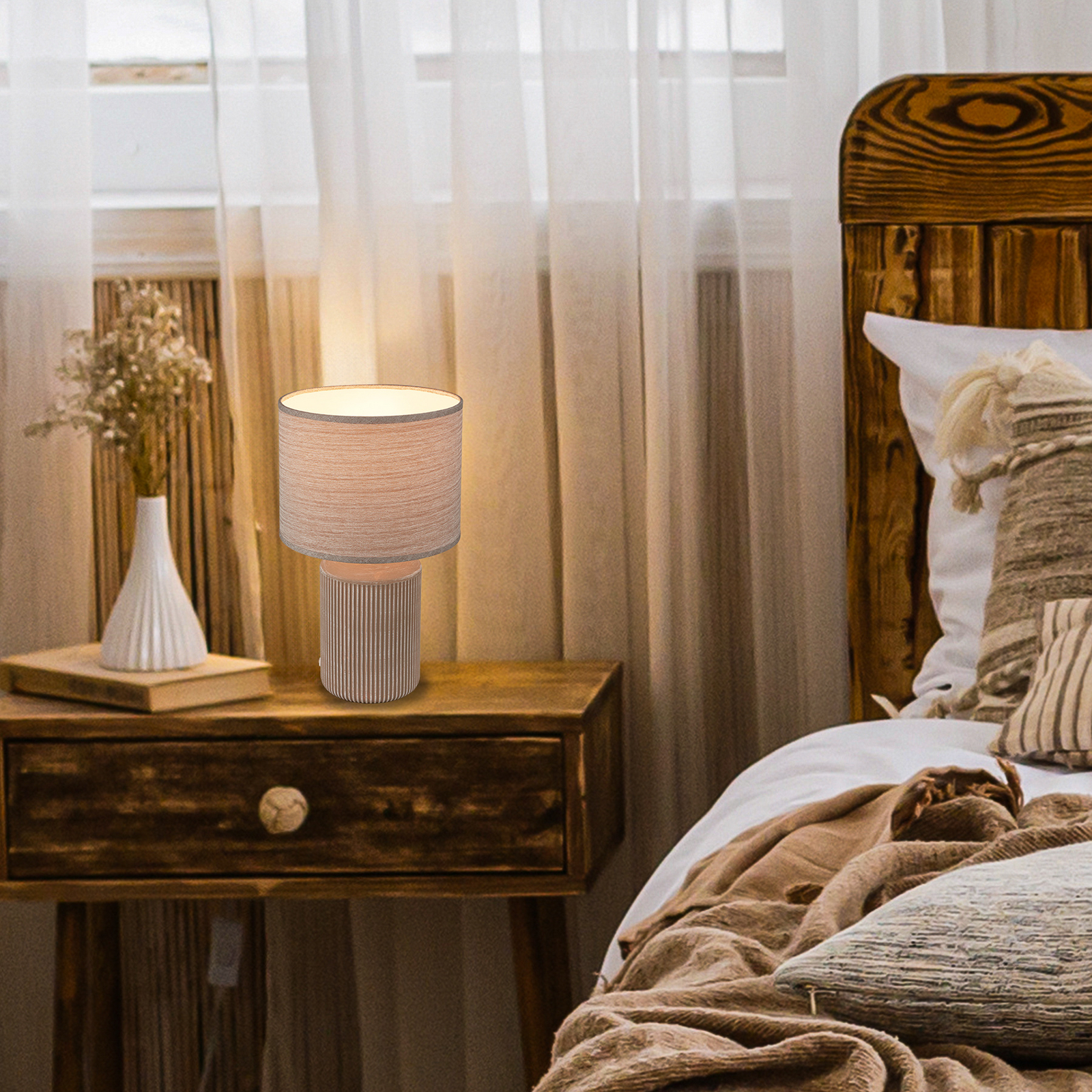 Tafellamp Ino, bruin, keramiek, textiel, E27