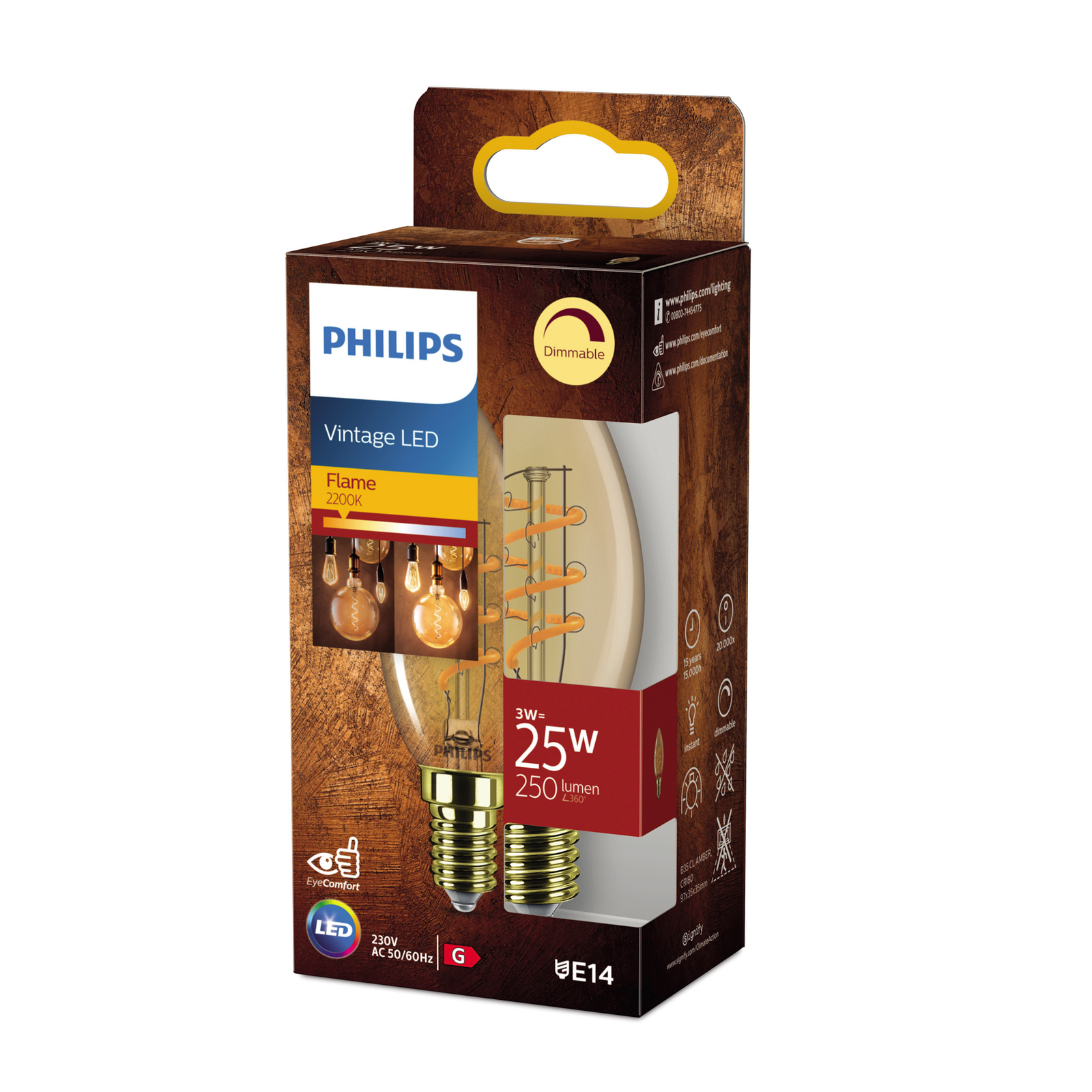 Philips E14 LED candle C35 3W dimmable 2,200K gold