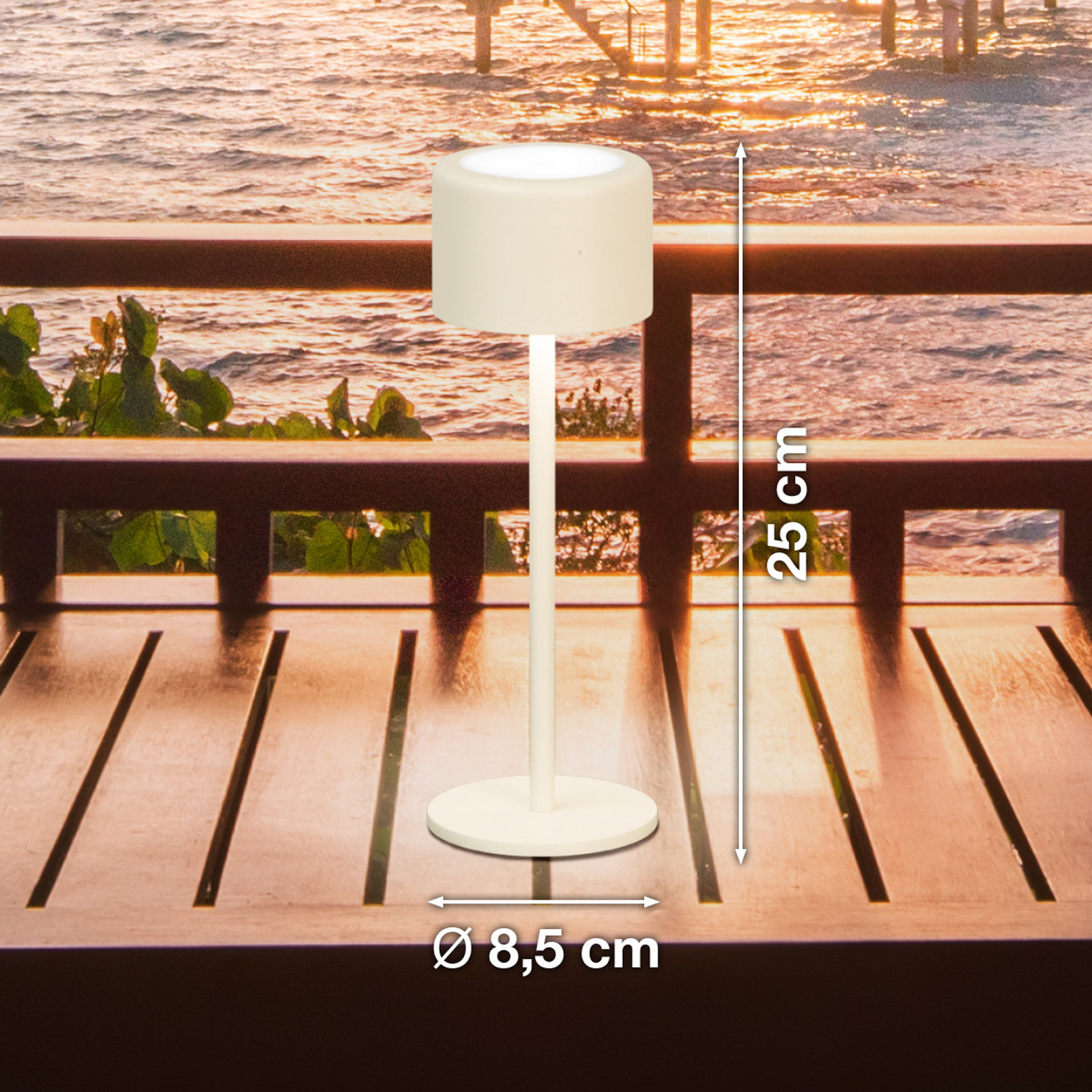 LED-Akku-Tischlampe Juna, sandbeige Höhe 25 cm Metall, IP54