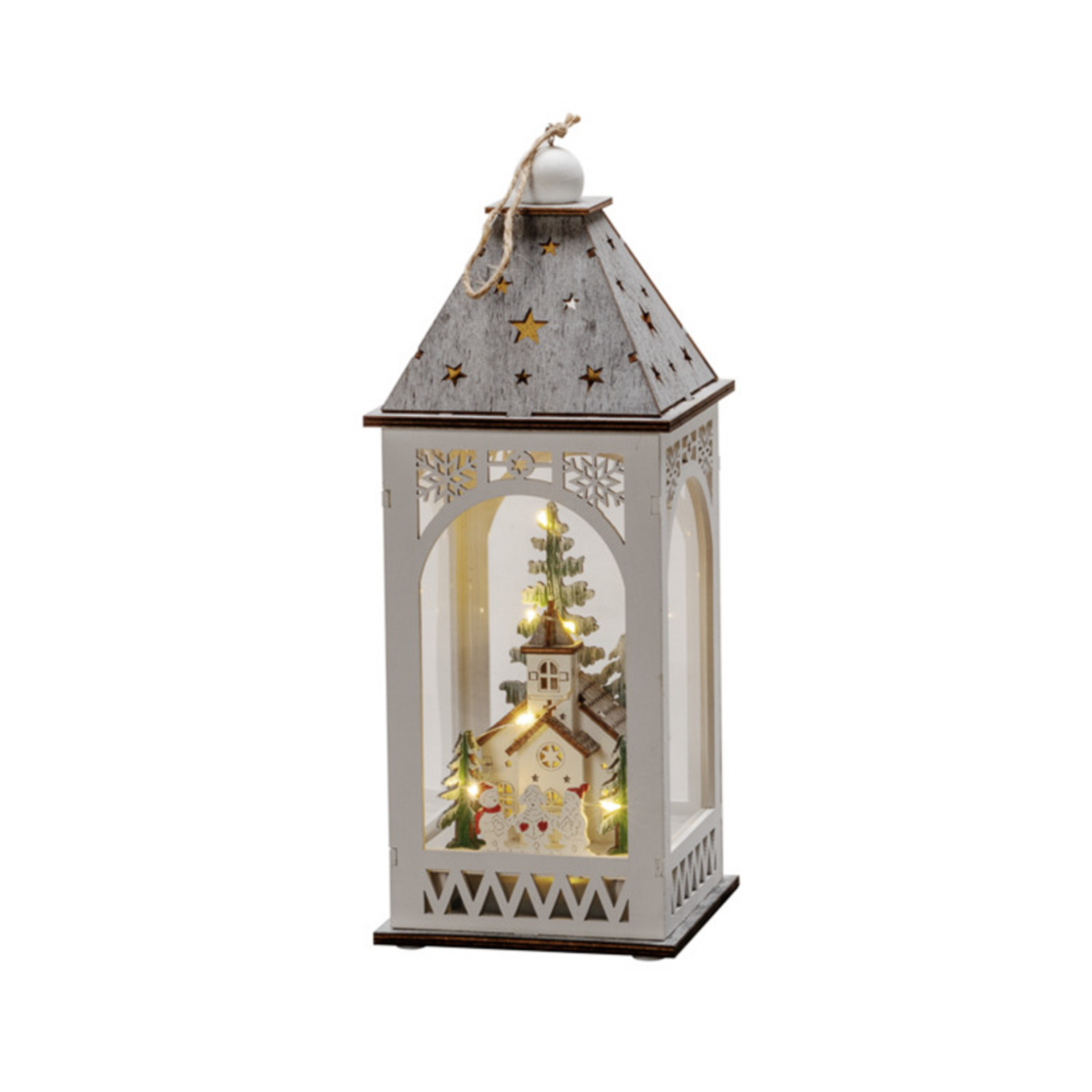 Lanterne déco LED avec église en hiver