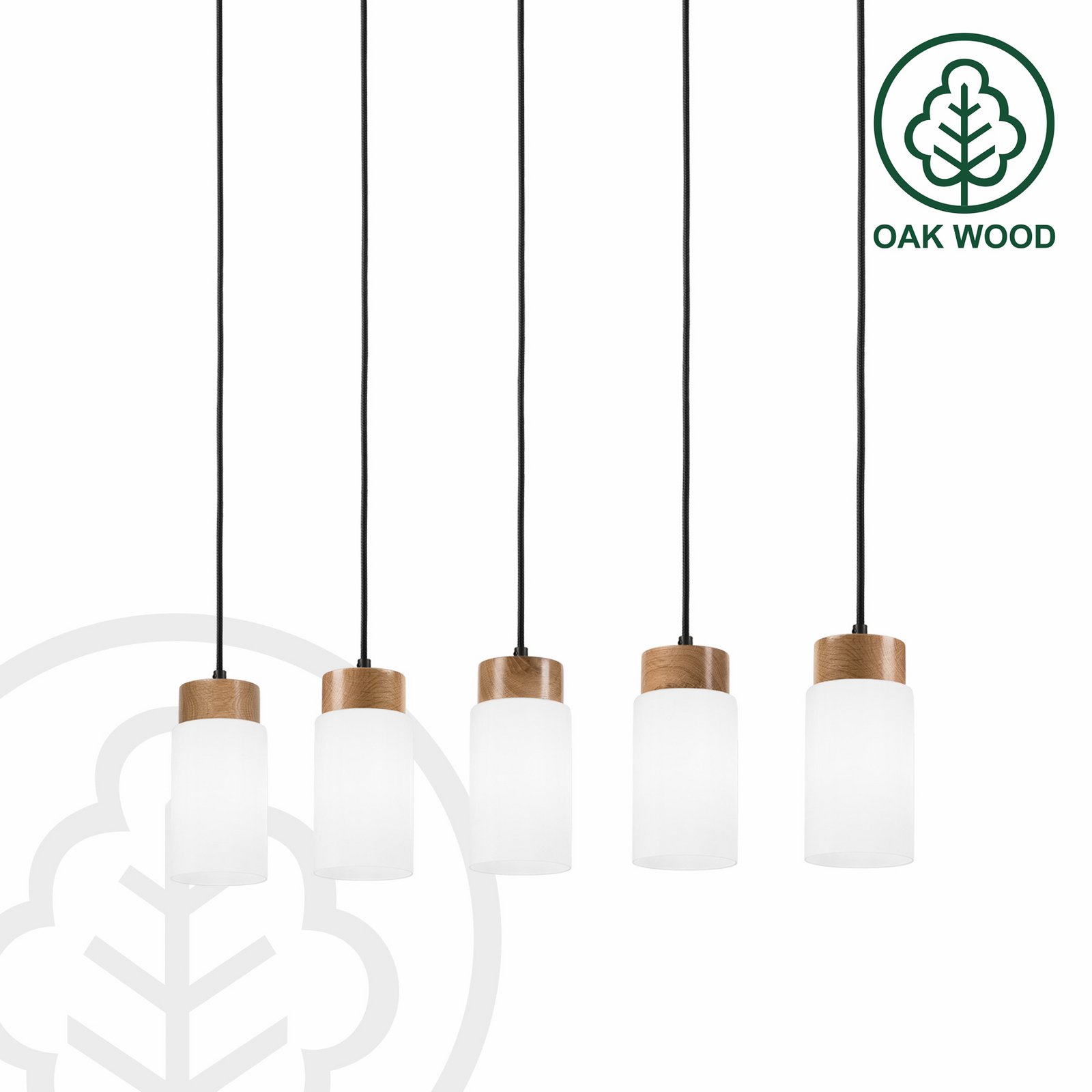 Markus pendant light, opal glass/oak wood, length 100 cm, 5-bulb.