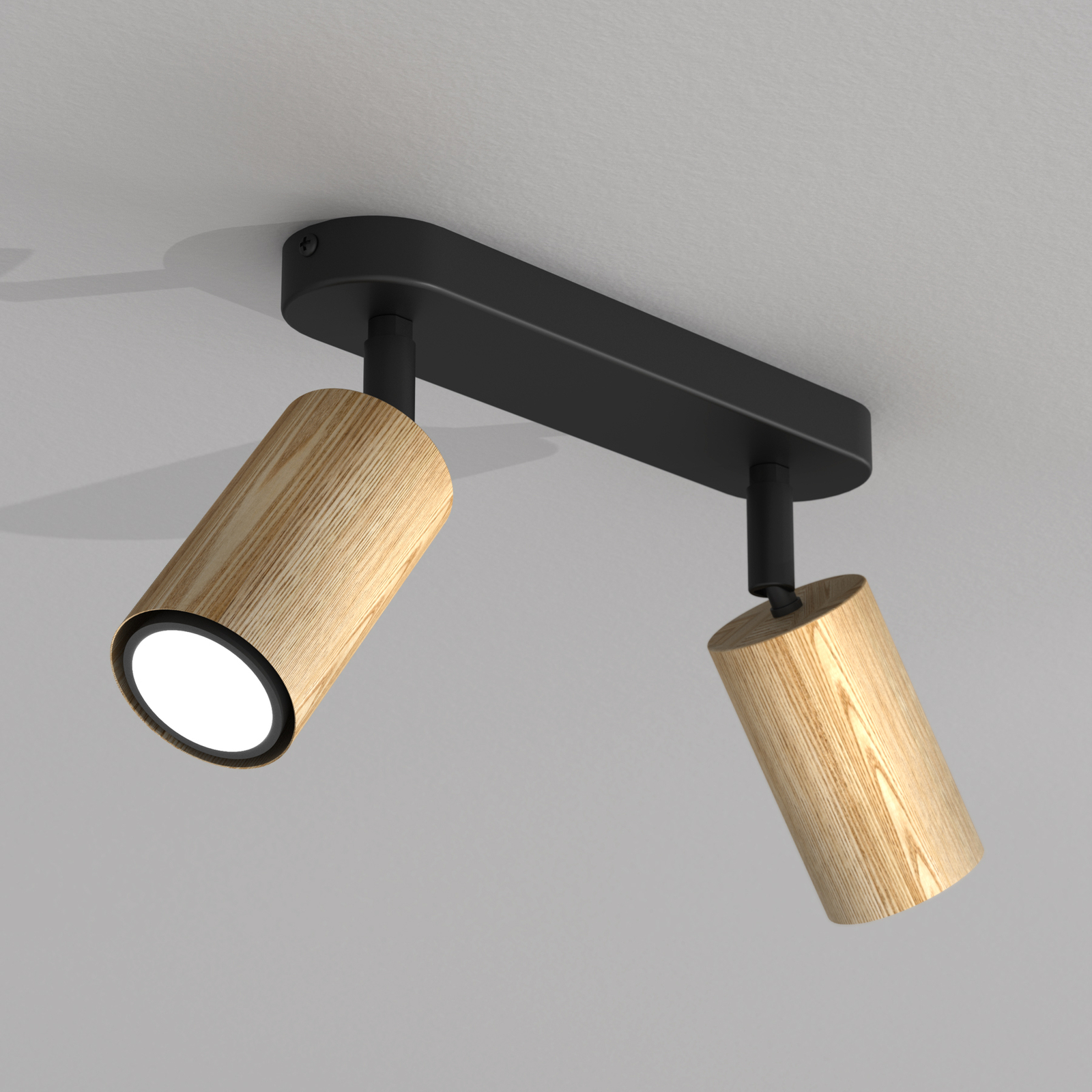 Plafón Nise, 2 luces, acero negro, madera