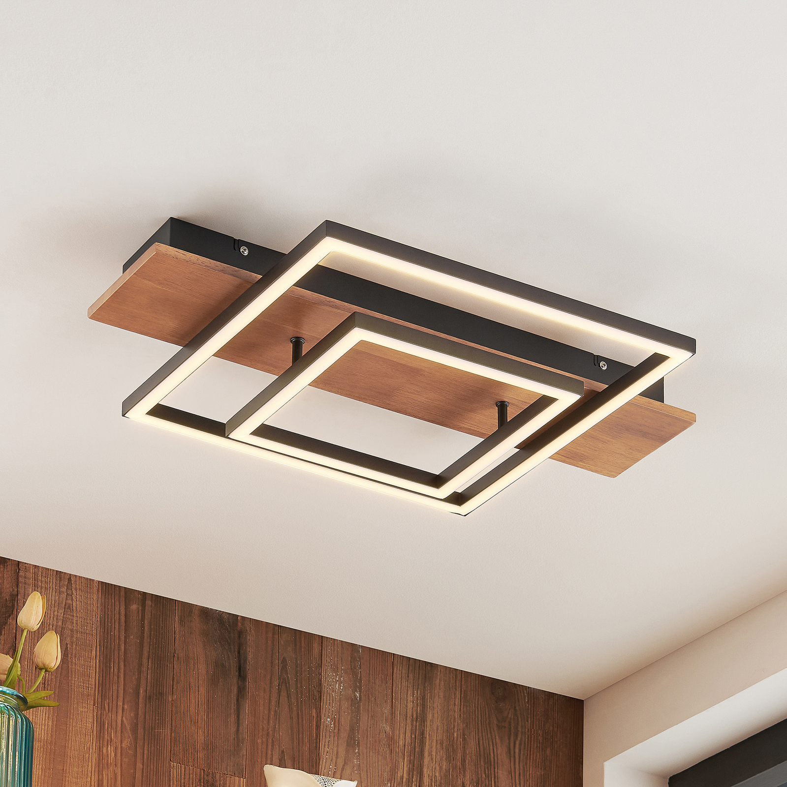 Lucande Chariska LED plafoniera legno nero 60cm