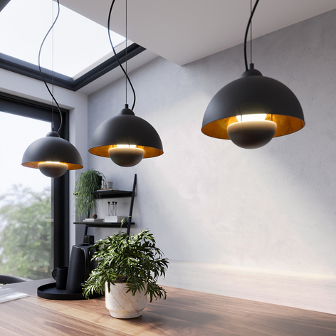 Lampada a sospensione Gretja, 3 luci, nero-oro