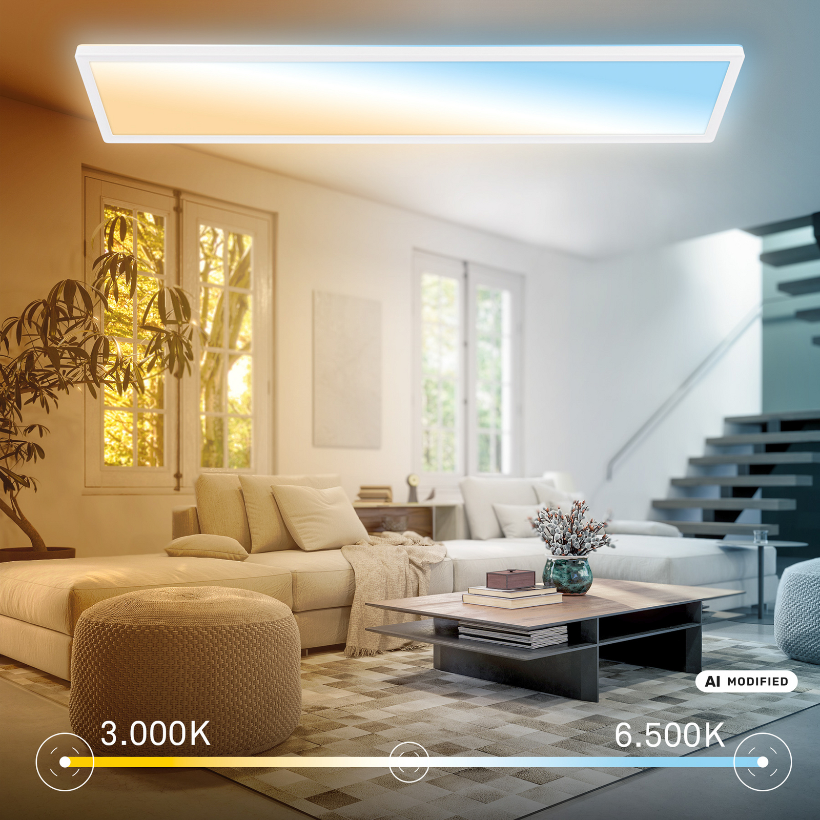 Lampa sufitowa LED Tava A, CCT, 98 x 20 cm, biała, z pilotem Lampa sufitowa LED Tava A, CCT, 98 x 20 cm, biała, z pilotem