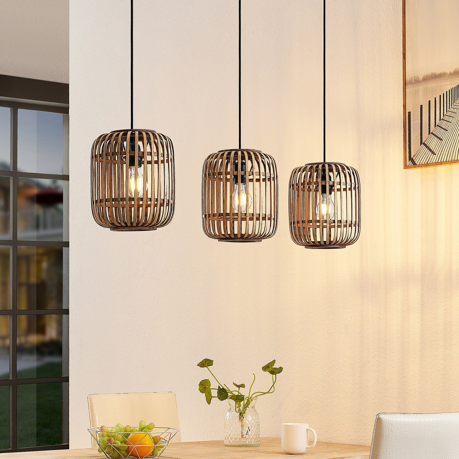 Lampă suspendată Lindby Canyana naturală 3 becuri rattan 105 cm - Camera de zi / sufragerie - Casă de țară / Rustic - Lemn