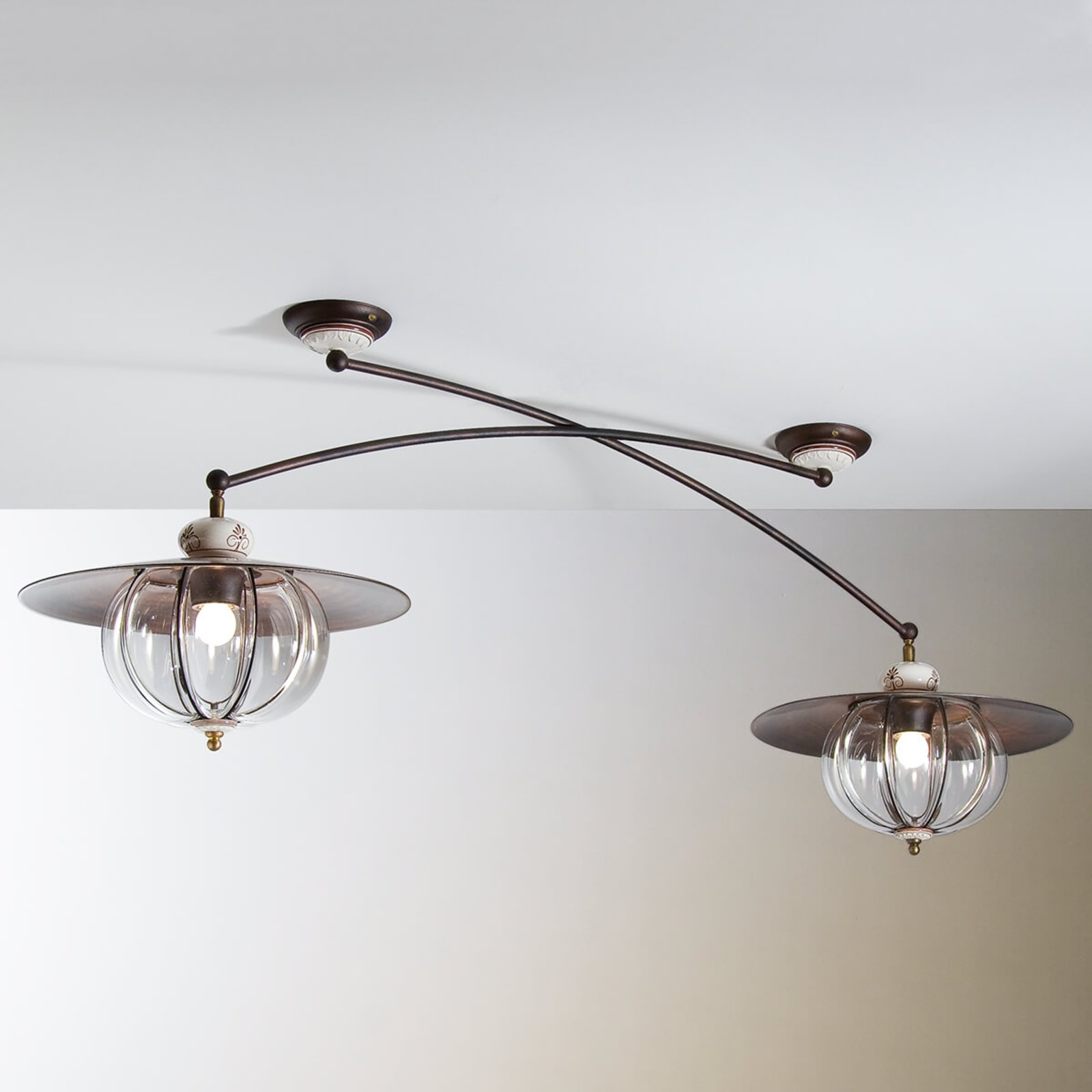 Siru Two-bulb Lampara ceiling light in country style, for Living / Dining Room, glass, stainless steel, ceramics, E27, 100 W, energy efficiency: A++, L: 140 cm, H: 50 cm