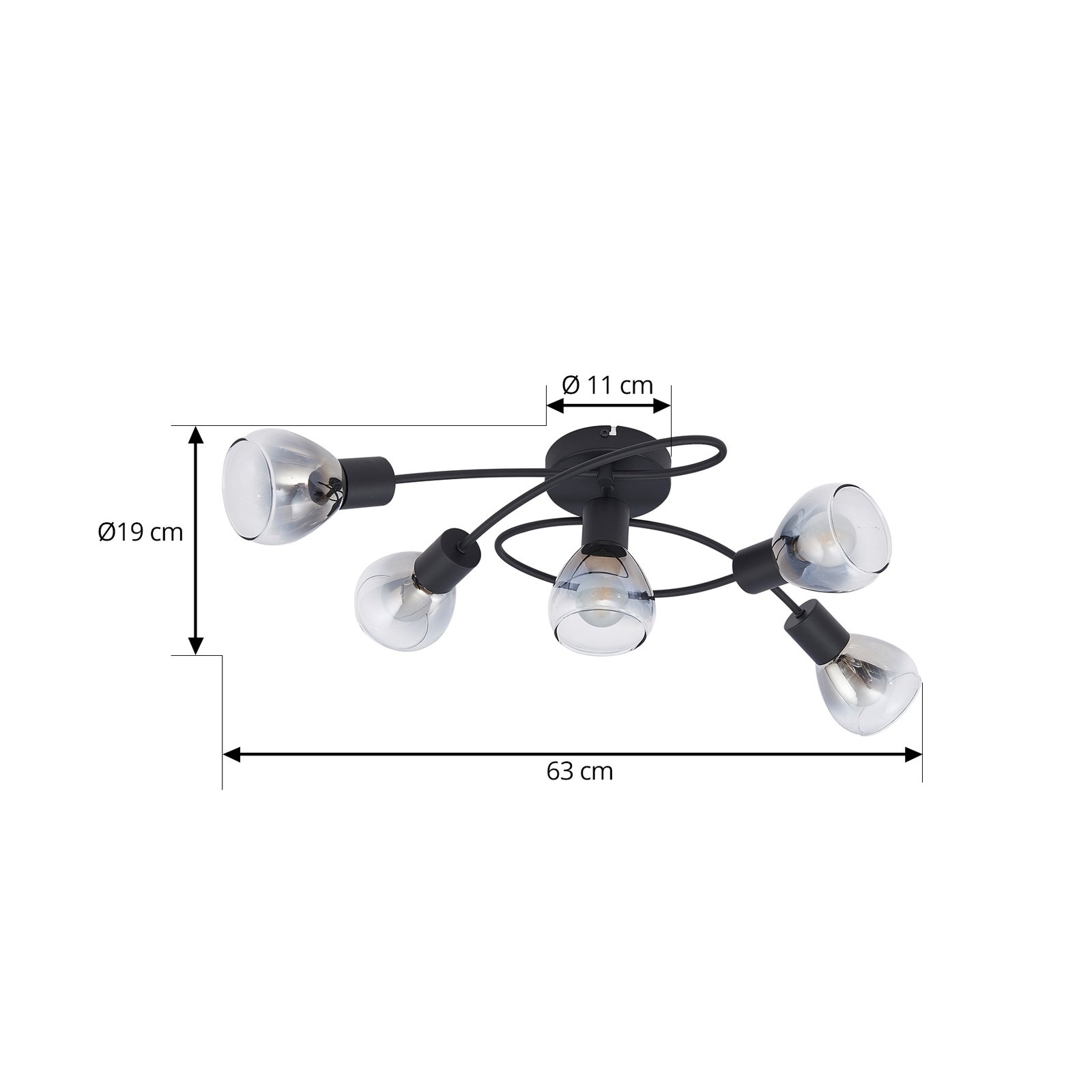 Lindby Pendura ceiling light, 5-bulb, black, glass