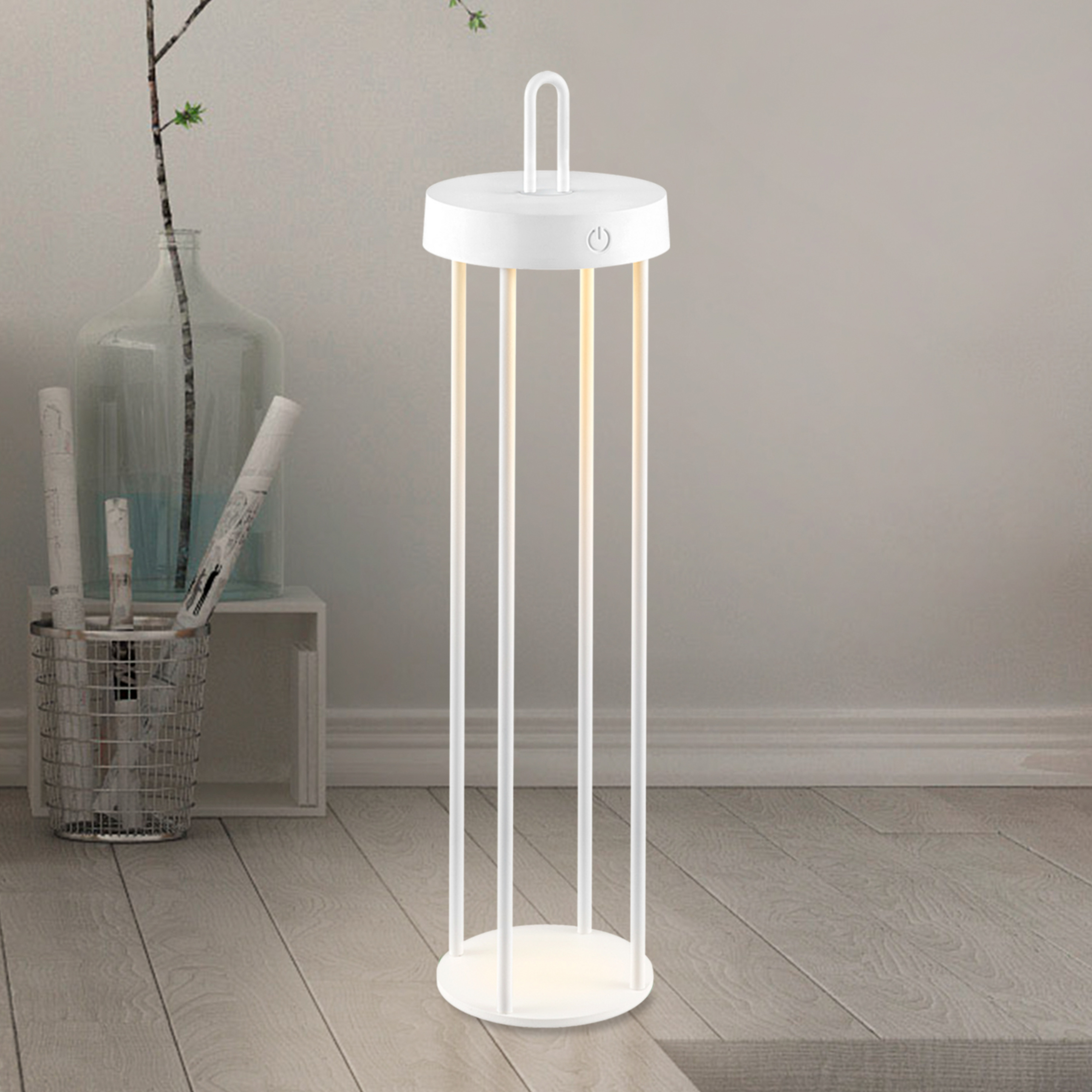 JUST LIGHT. Anselm LED-ladattava pöytävalaisin, valkoinen, 50 cm, rauta