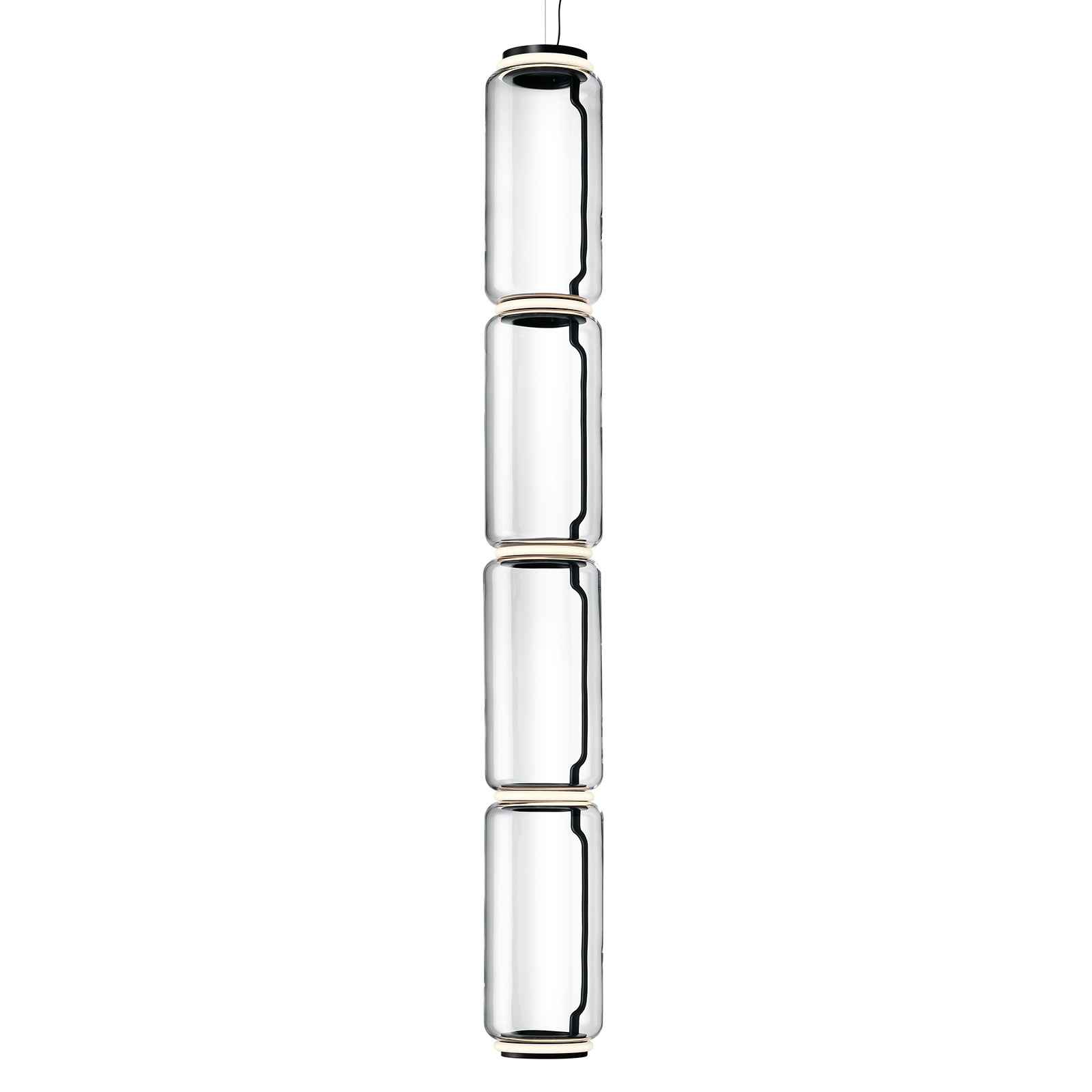 Flos FLOS Noctambule LED hanging lamp 4 high cylinders, for Living / Dining Room, glass, aluminium, 45 W, energy efficiency: A+, H: 216 cm