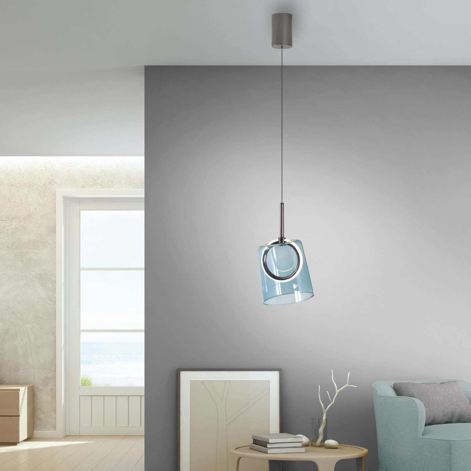 Paul Neuhaus LED hanglamp Zula, blauw, Ø 15 cm, glas