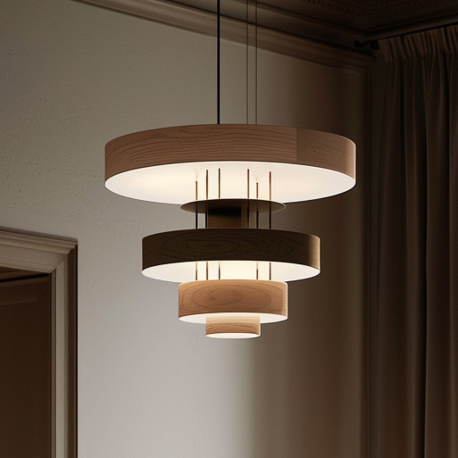 Lucande Turbine pendant light, wood, neutral, rings