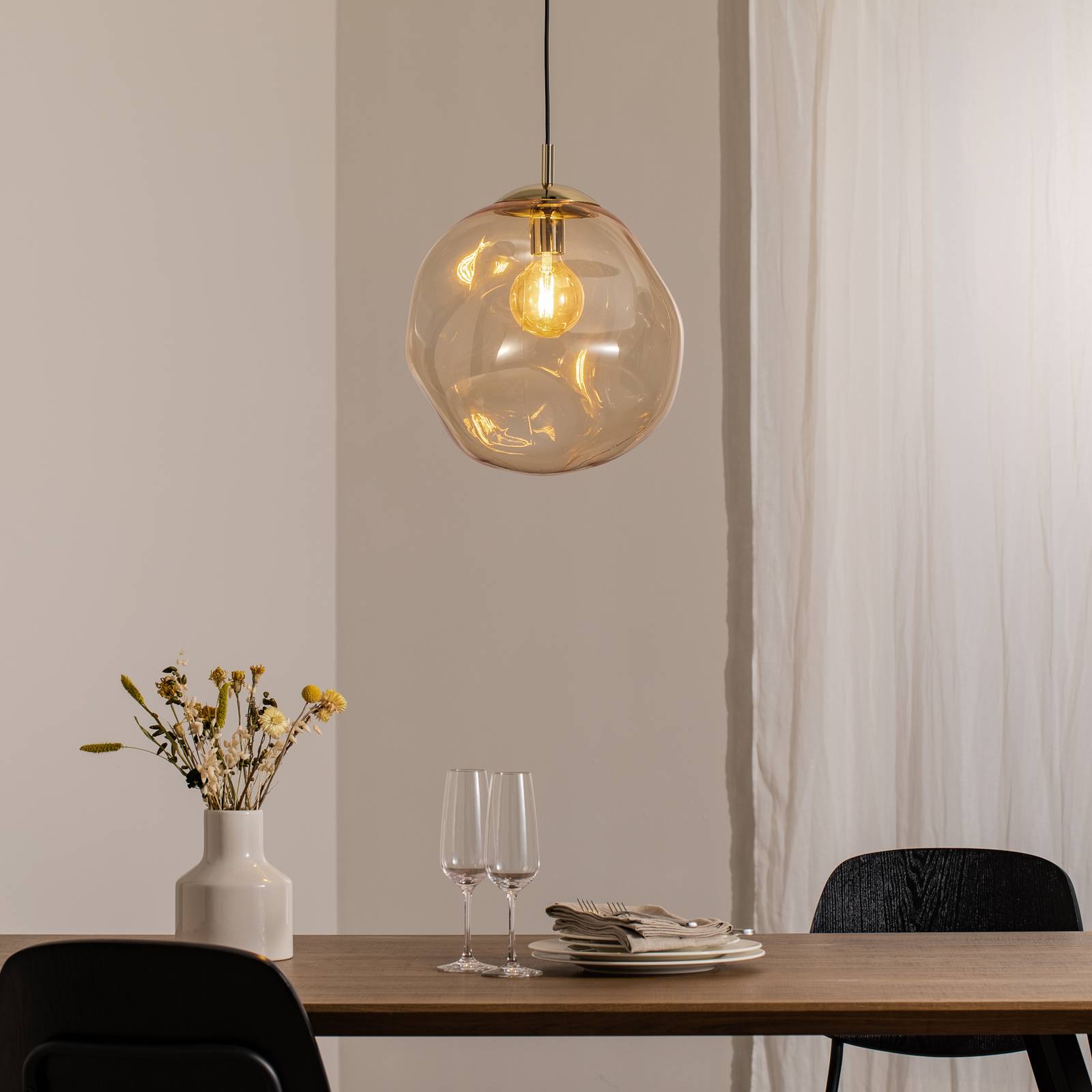 Glas-Hängeleuchte Sol, Ø 35cm, schwarz/bernstein günstig online kaufen