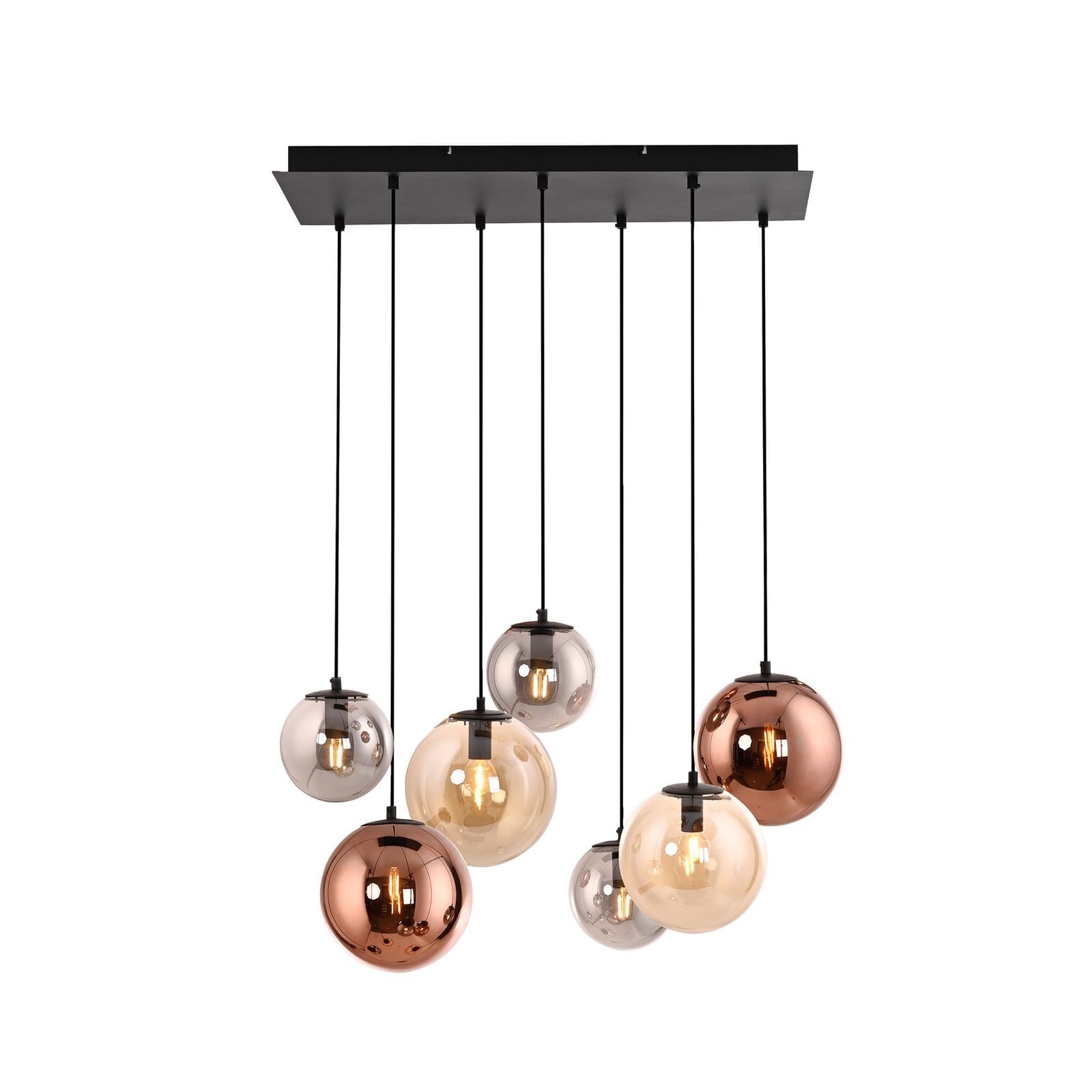 Shiny pendant light, 7-bulb, long, multicoloured, glass, E14